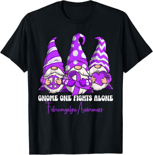 Fibromyalgia Awareness Gifts Fibromyalgia Awareness - -Adults, -Kids - Black - Short Sleeve - Classic Fit - Cotton, Polyester - Gnome One Fights Alone T-Shirt - T-Shirt | Black