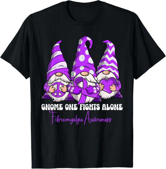 Fibromyalgia Awareness Gifts Fibromyalgia Awareness - -Adults, -Kids - Black - Short Sleeve - Classic Fit - Cotton, Polyester - Gnome One Fights Alone T-Shirt - T-Shirt | Black