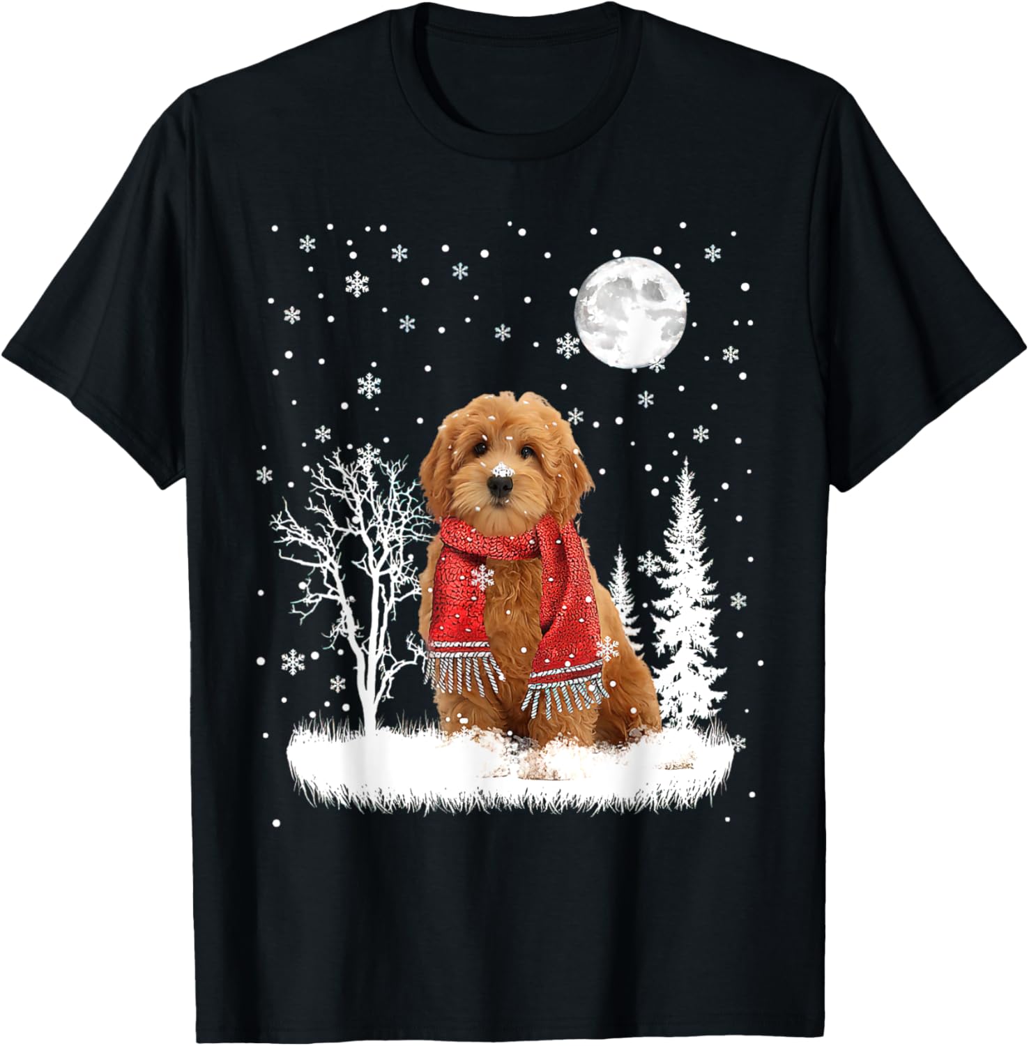 Goldendoodle Under Moonlight Snow Christmas Pajama T-Shirt - T-Shirt | Black