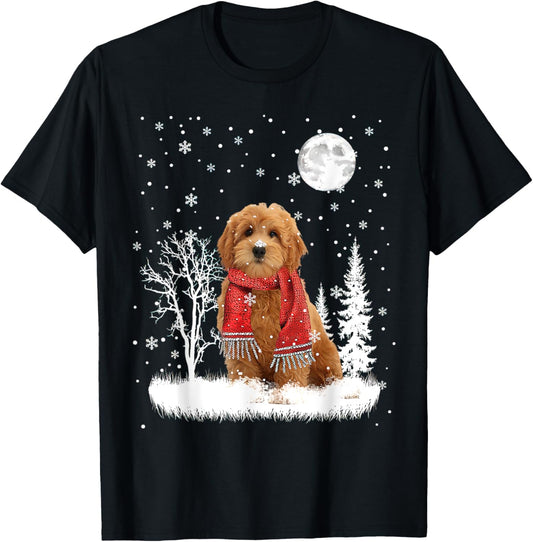 Goldendoodle Under Moonlight Snow Christmas Pajama T-Shirt - T-Shirt | Black