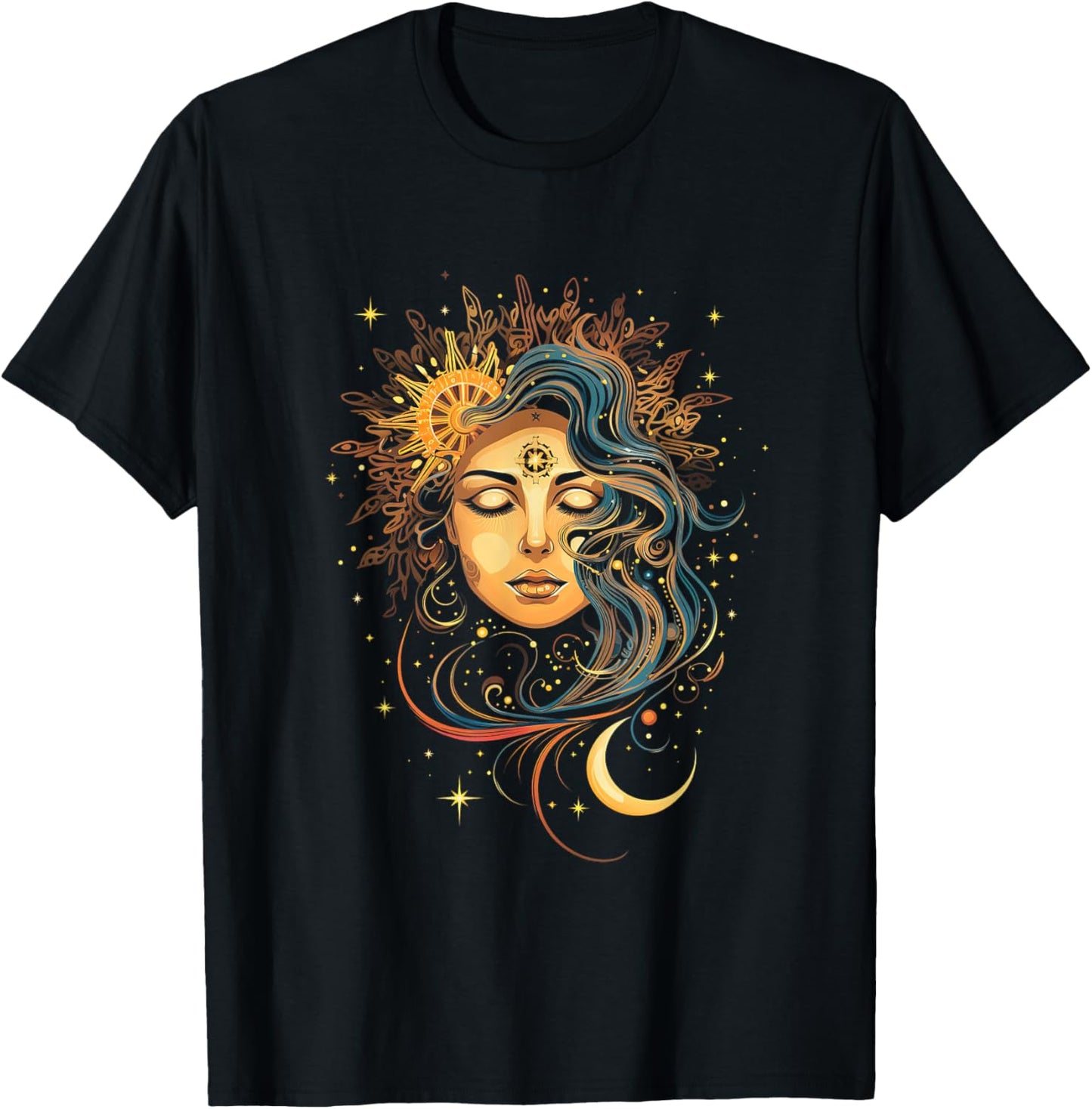 Mystic Sun and Moon Woman Mystical Flowers Aesthetic T-Shirt - T-Shirt | Black