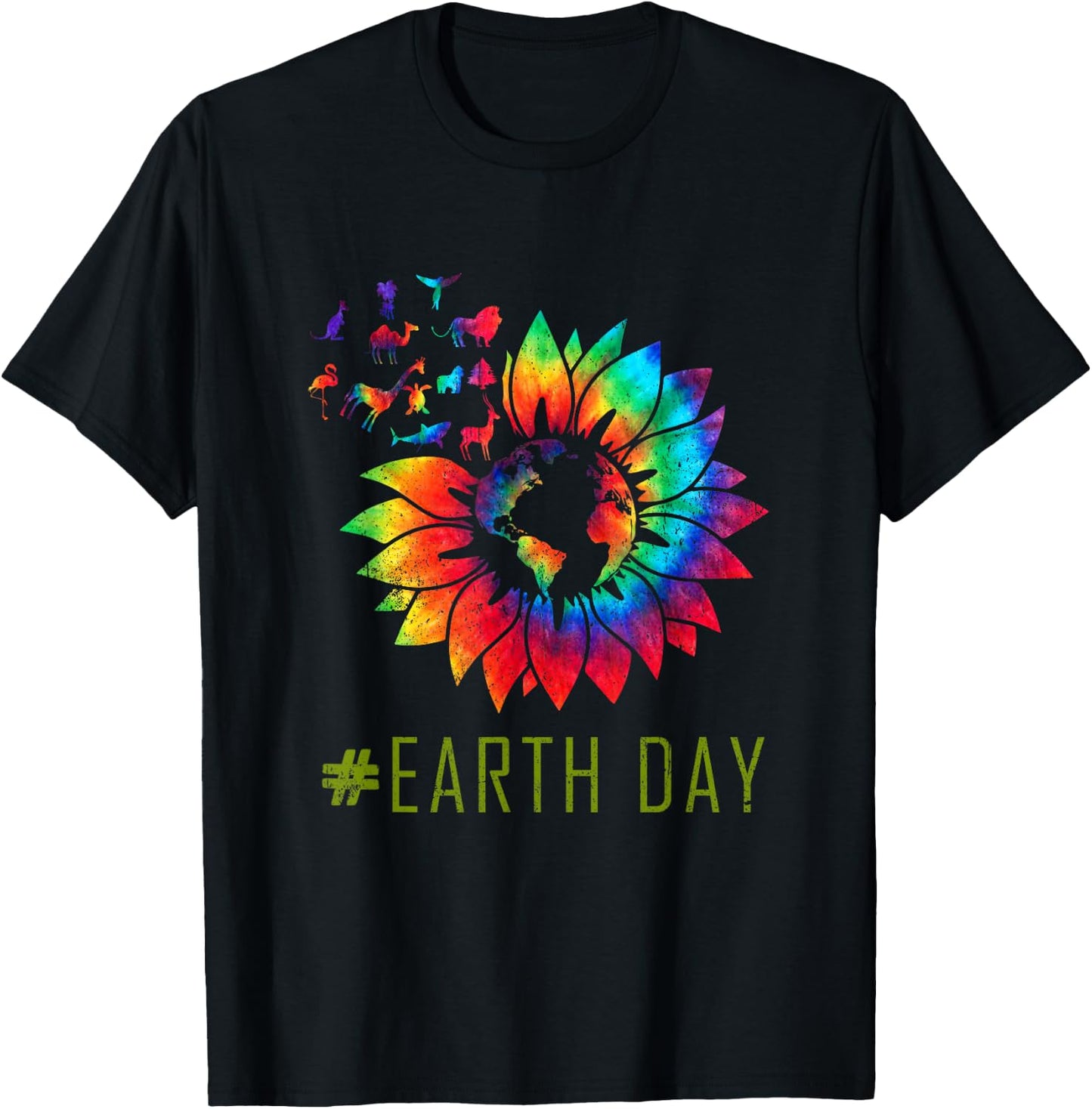 Earth Day Hippie Tie Dye Sunflower Earth Animals Outfit T-Shirt - T-Shirt | Black