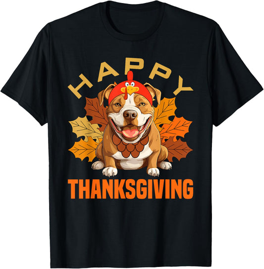 Funny Pitbull Dog In Turkey Costume Happy Thanksgiving Day T-Shirt - T-Shirt | Black