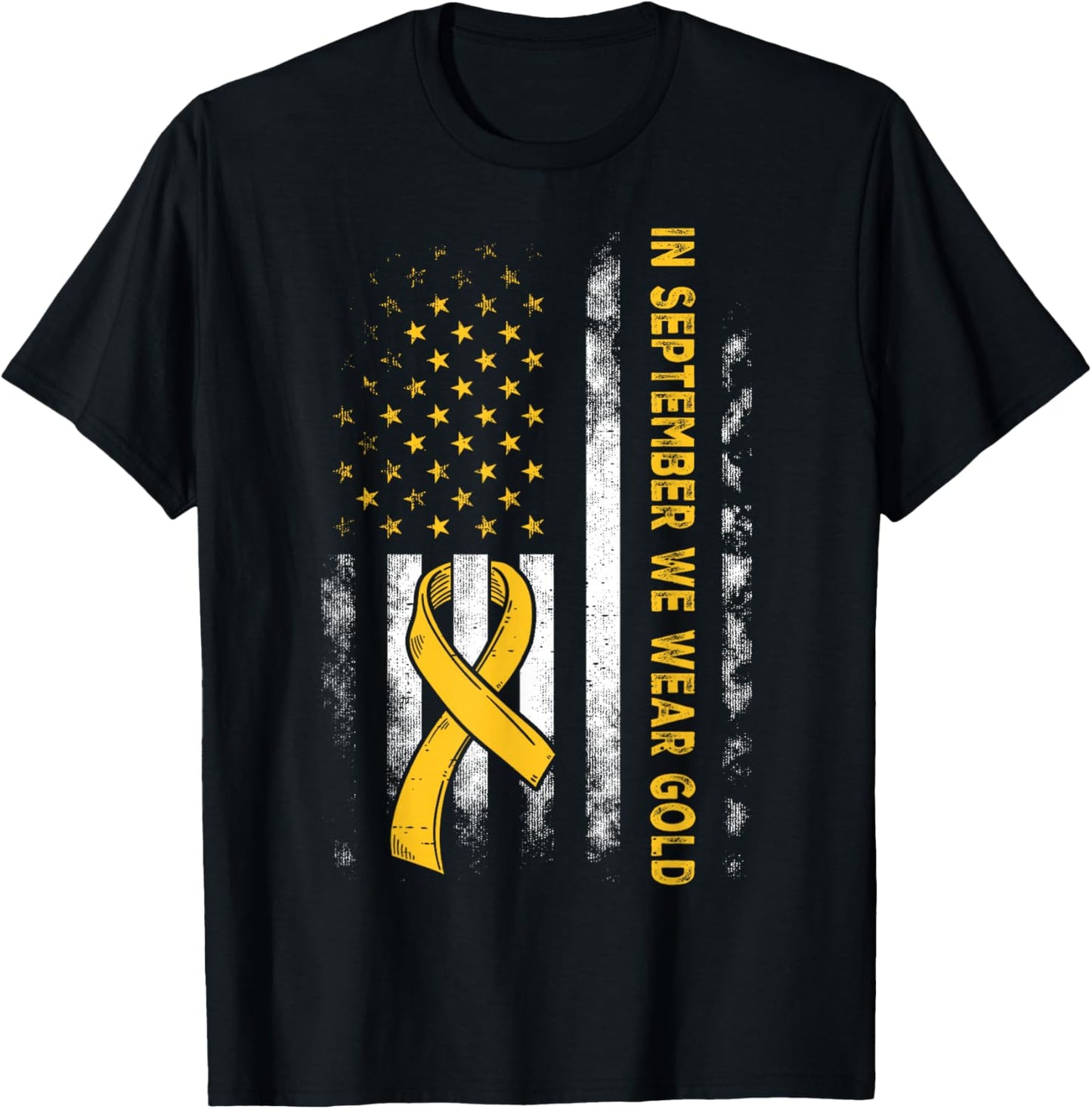 In September We Wear Gold Us Flag Childhood Cancer Awareness T-Shirt - T-Shirt | Black