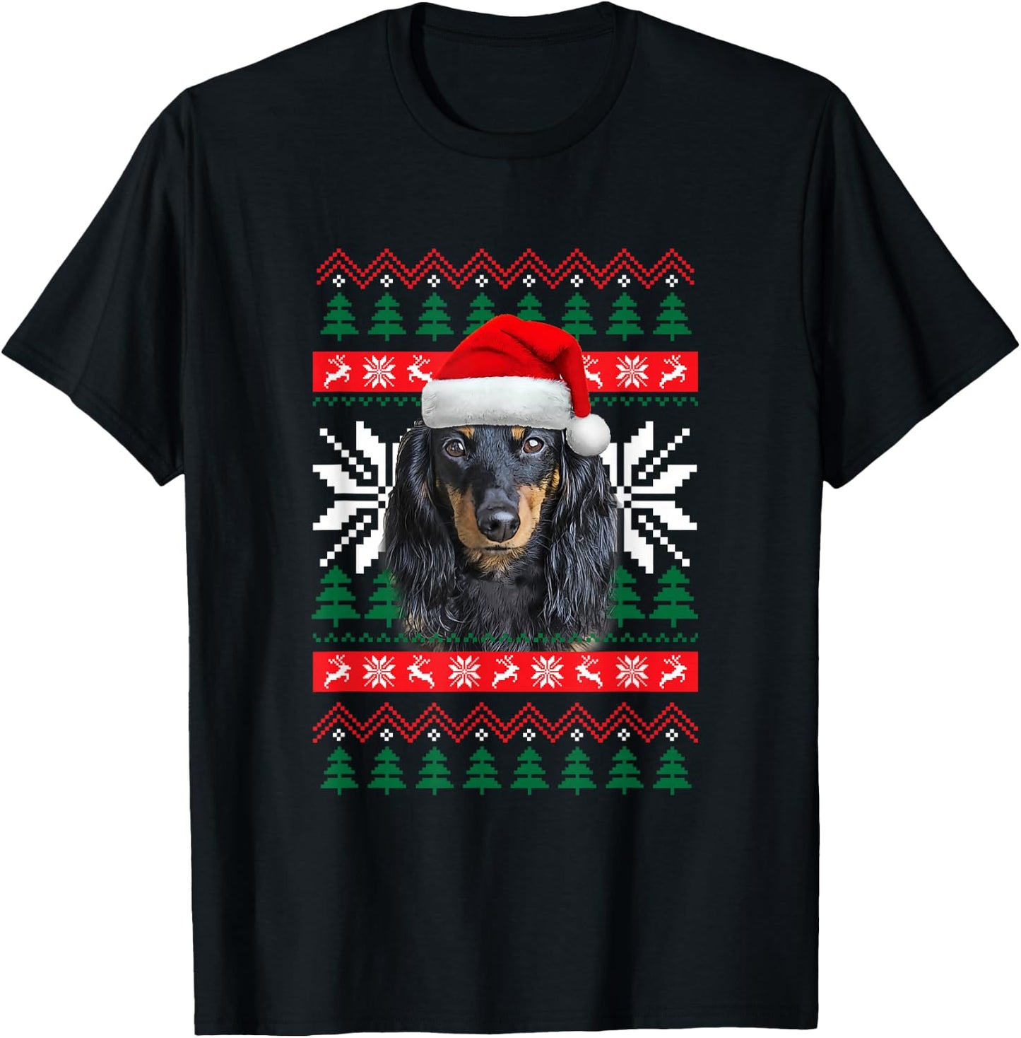 Dachshund Ugly Christmas Sweater Style Santa Hat Doxie Dog Men Women Kids T-Shirt - T-Shirt | Black