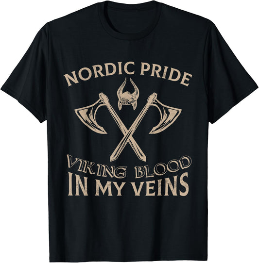 Nordic Pride Viking Blood In My Veins Axe Helmet T-Shirt - T-Shirt | Black