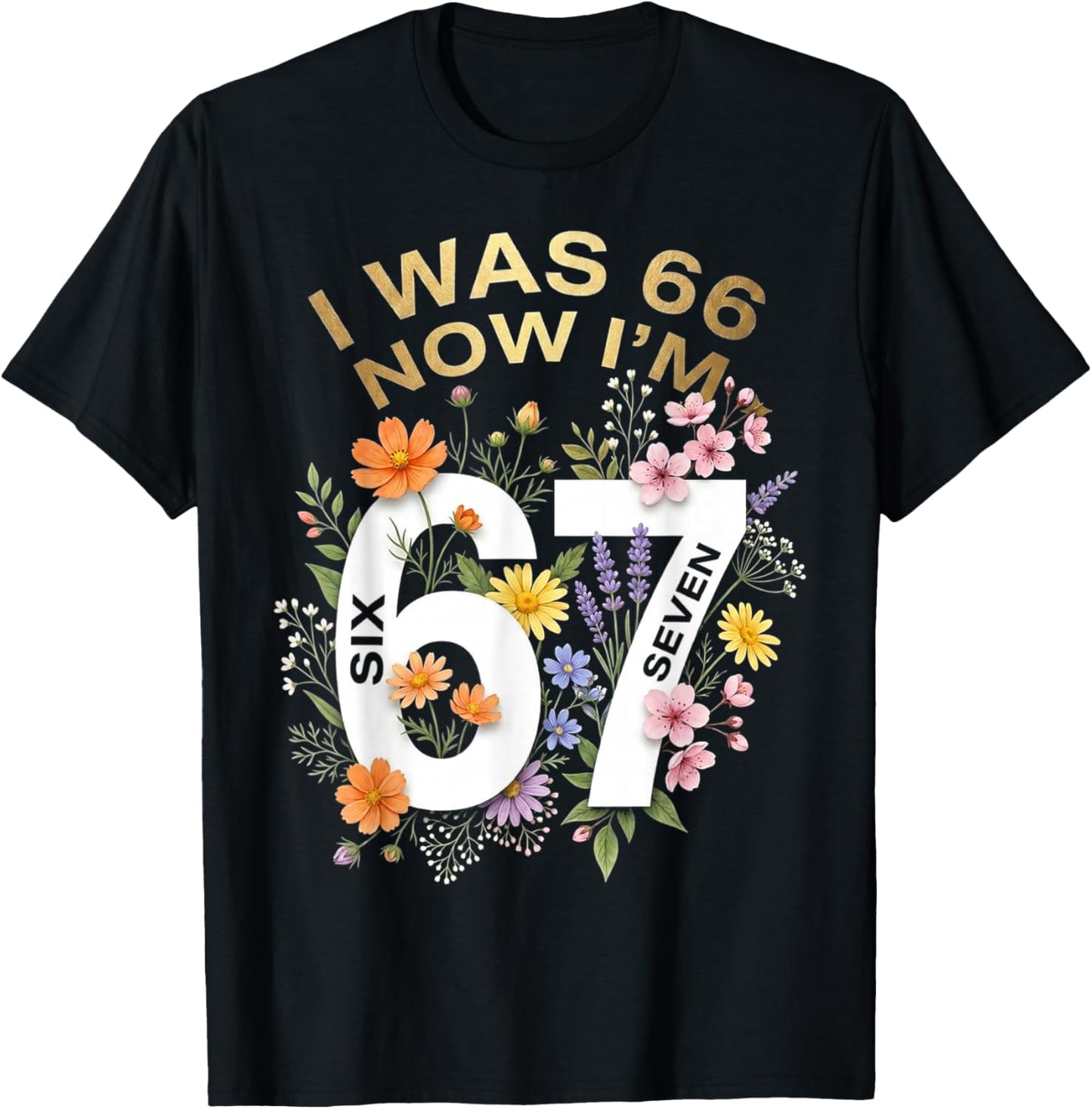 I was 66 Now I’m 67 Years Old Funny Floral Retro Vintage T-Shirt - T-Shirt | Black