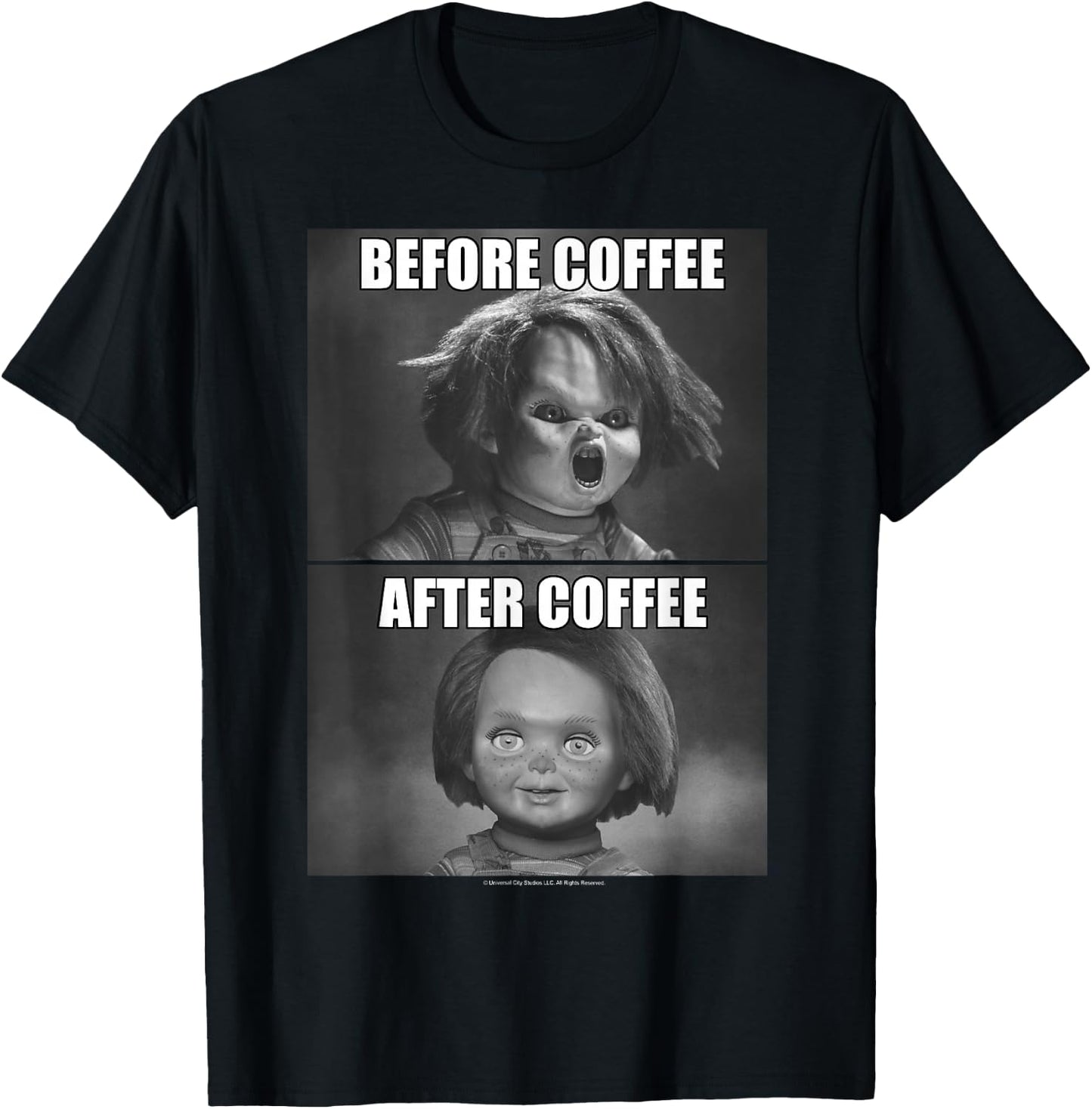 Child's Play Chucky Before Coffee After Coffee T-Shirt - T-Shirt | Black