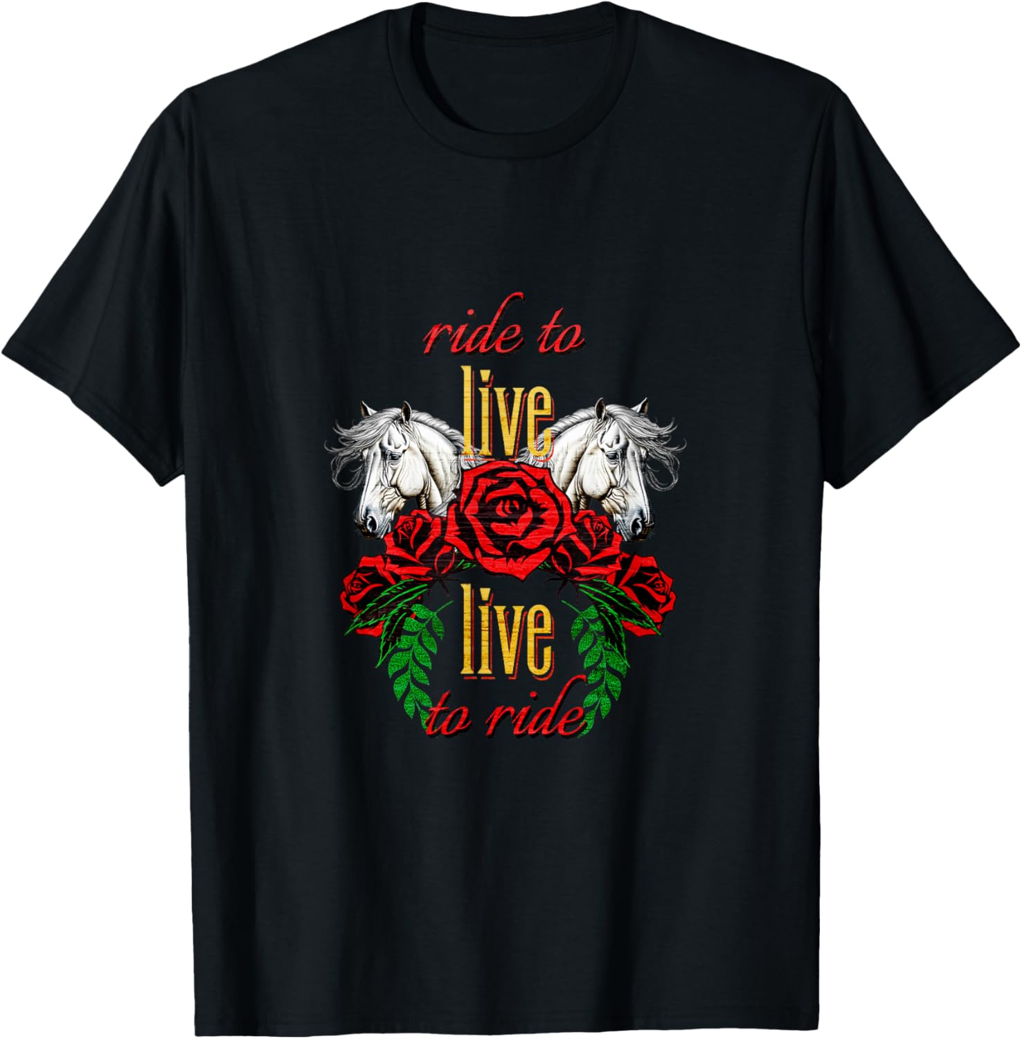 Love to Ride Horses Red Rose Western Theme Horse Lovers T-Shirt - T-Shirt | Black