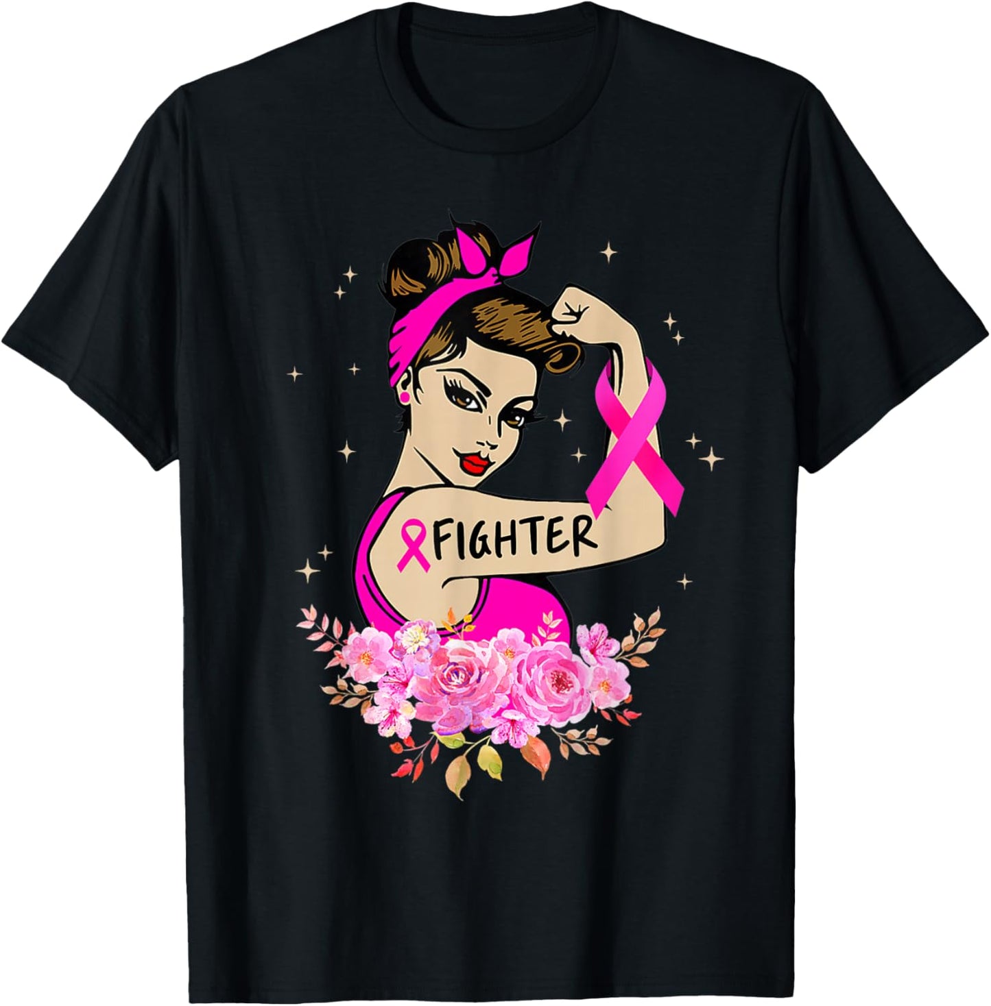 Breast Cancer Fighter Rosie Riveter Pink Ribbon Women Girls T-Shirt - T-Shirt | Black