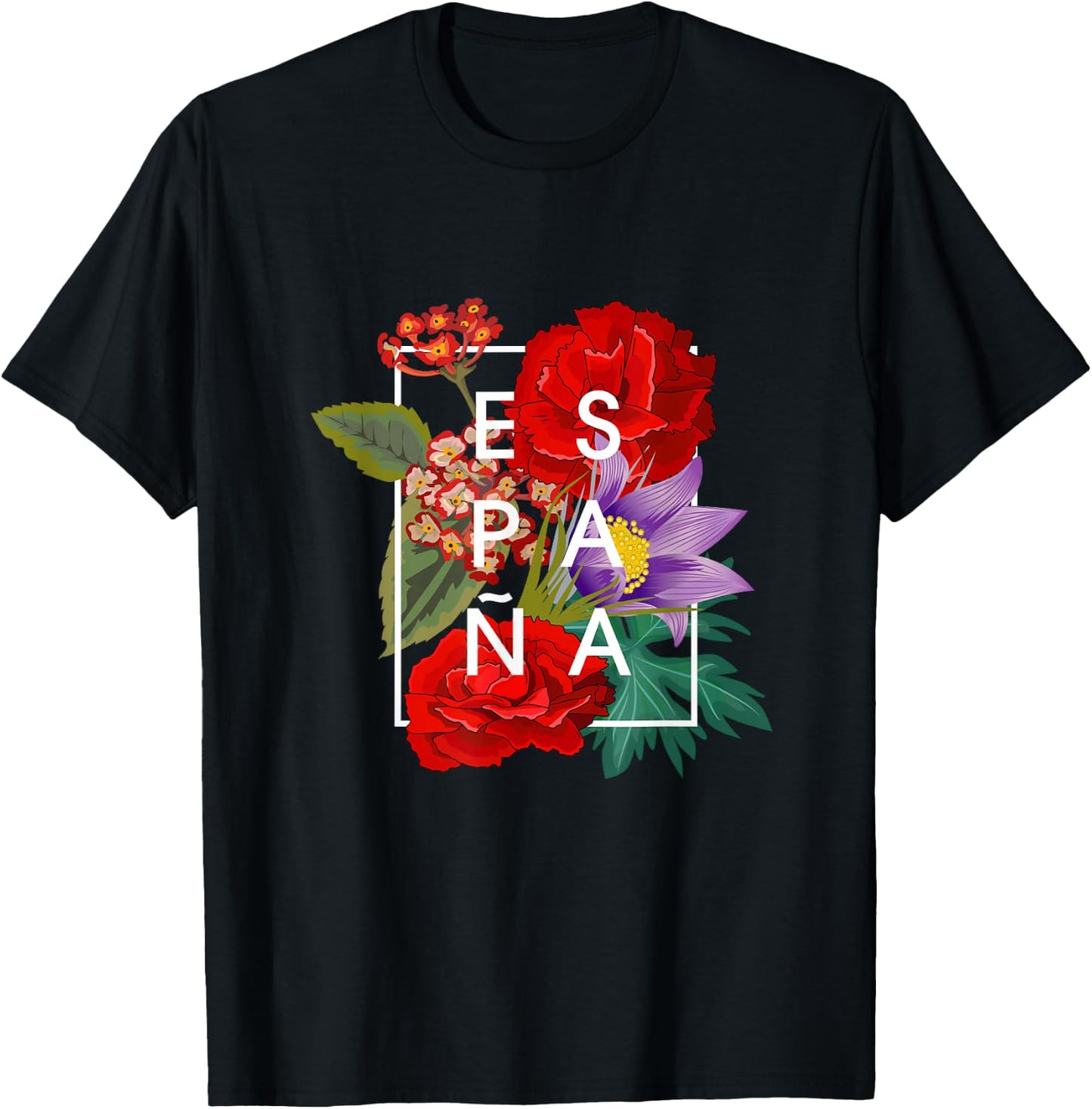 Flowers of España - Spain Word Art - Spanish Pride T-Shirt - T-Shirt | Black