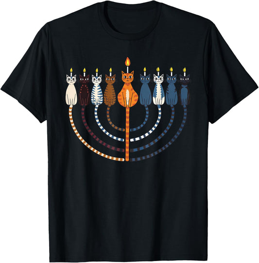 Funny Hanukkah Cat Menorah Meowzel Chanukah Jewish Holiday T-Shirt - T-Shirt | Black