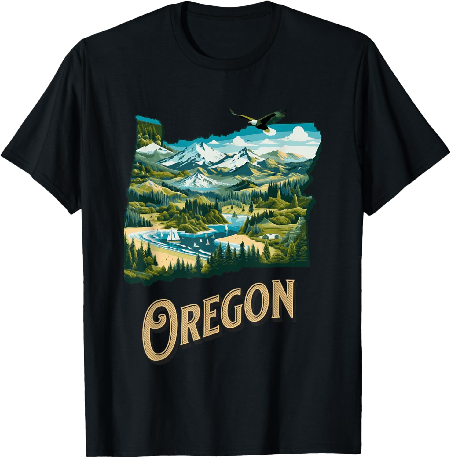 Oregon State PNW Nature Mt Hood Columbia River Eagle Forest T-Shirt - T-Shirt | Black