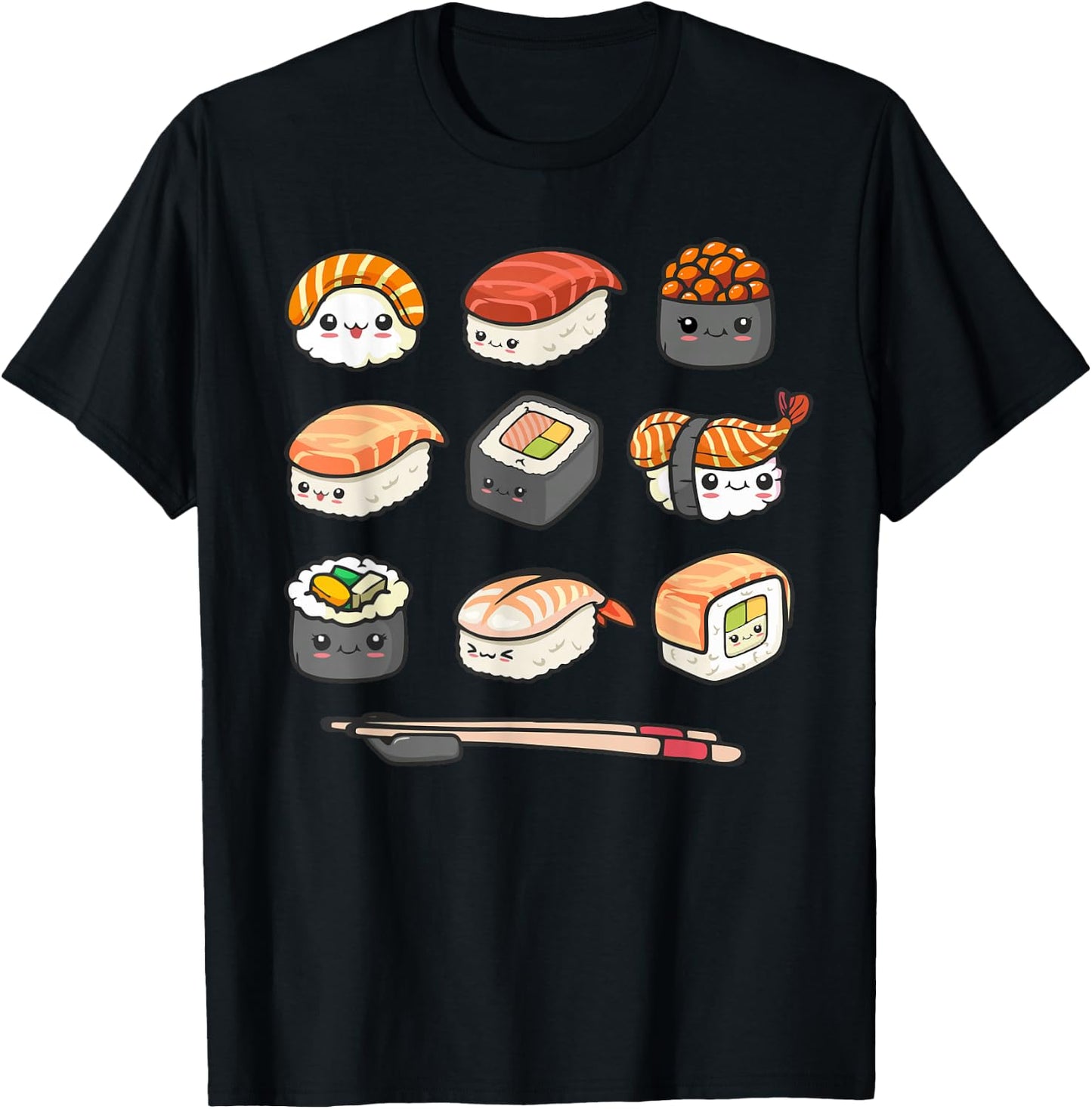 Happy Sushi Anime Kawaii Set Japanese Food Lover Otaku Manga T-Shirt - T-Shirt | Black