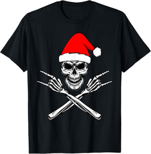 Christmas Crazy Rock and Roll Skeleton Skull Retro Funny T-Shirt - T-Shirt | Black