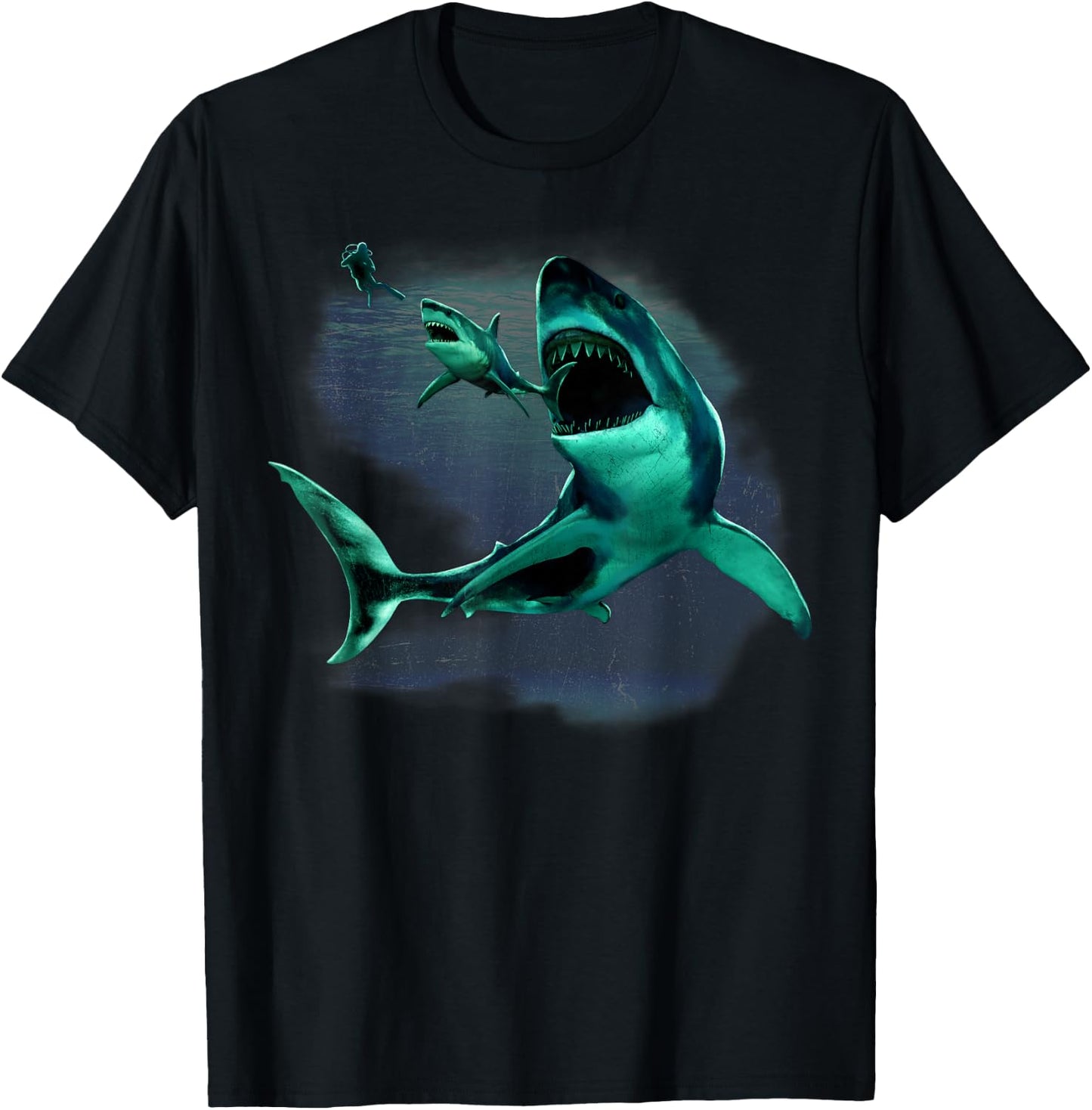 Scuba Diver, Great White Shark & Megalodon Shark Diving T-Shirt - T-Shirt | Black