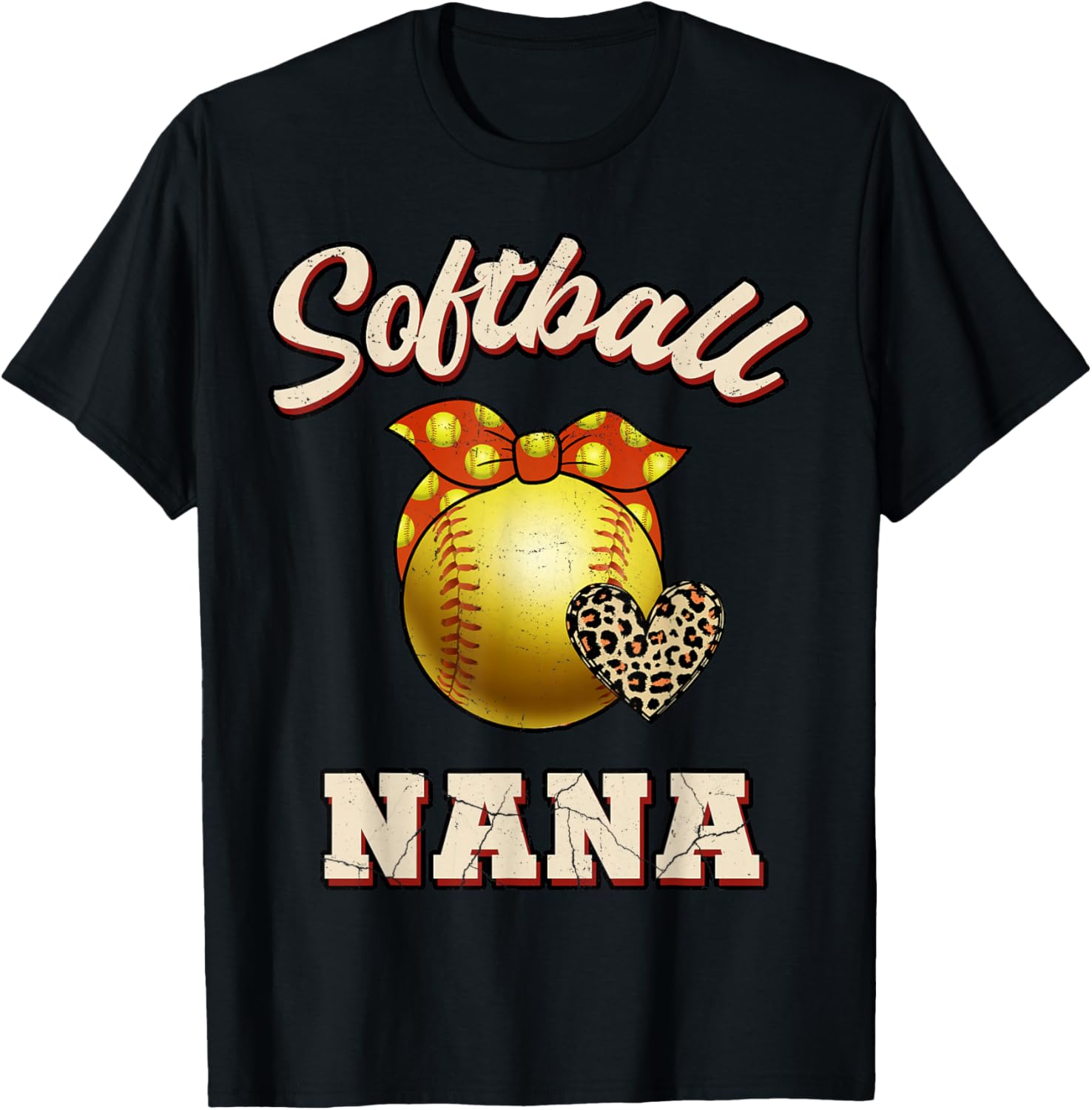 Softball Nana Leopard Heart Fans Mother's Day Gift T-Shirt - T-Shirt | Black