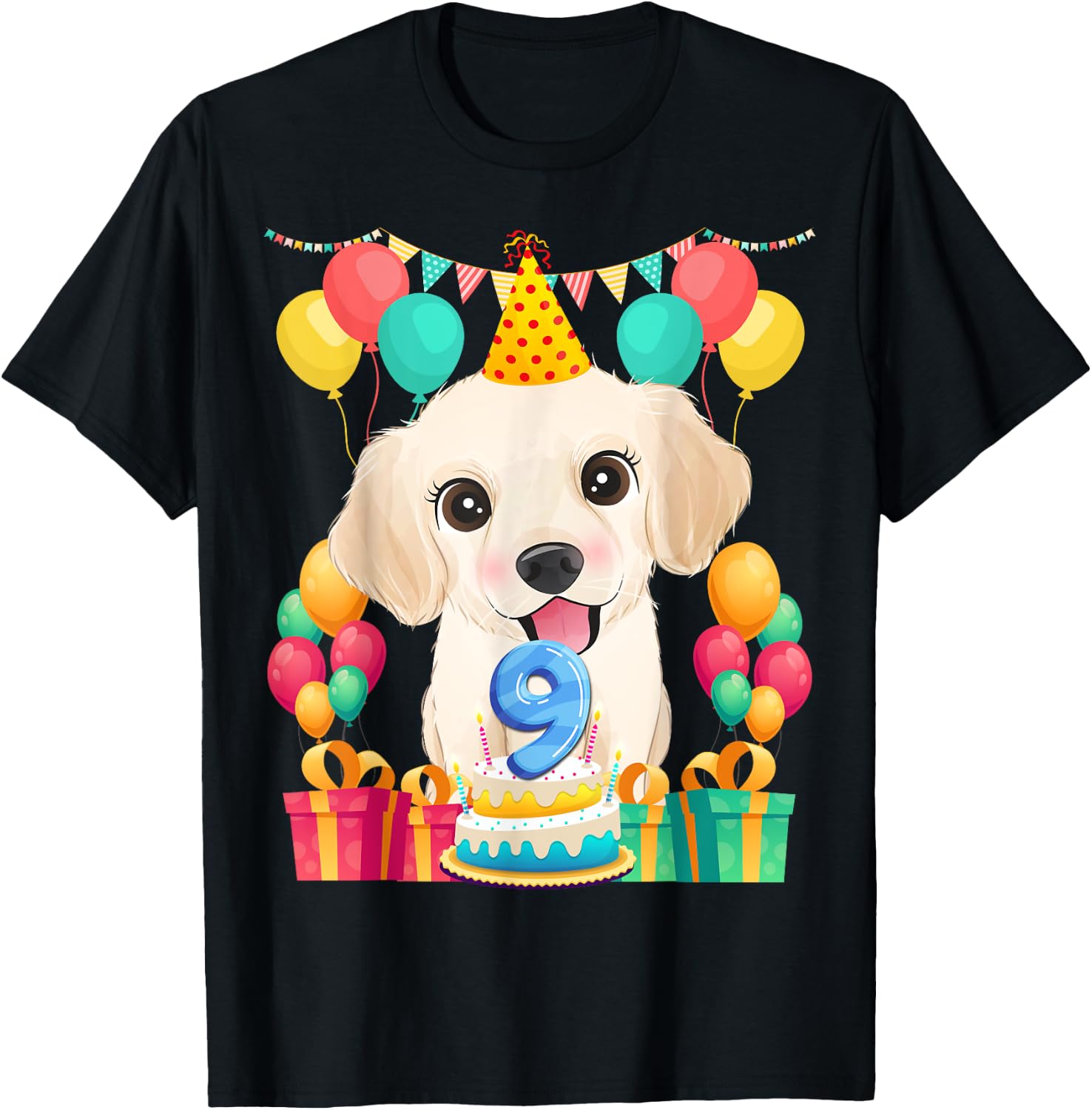 Golden Retriever 9th Birthday 9 Year Old Cute Dog Lover Gift T-Shirt - T-Shirt | Black
