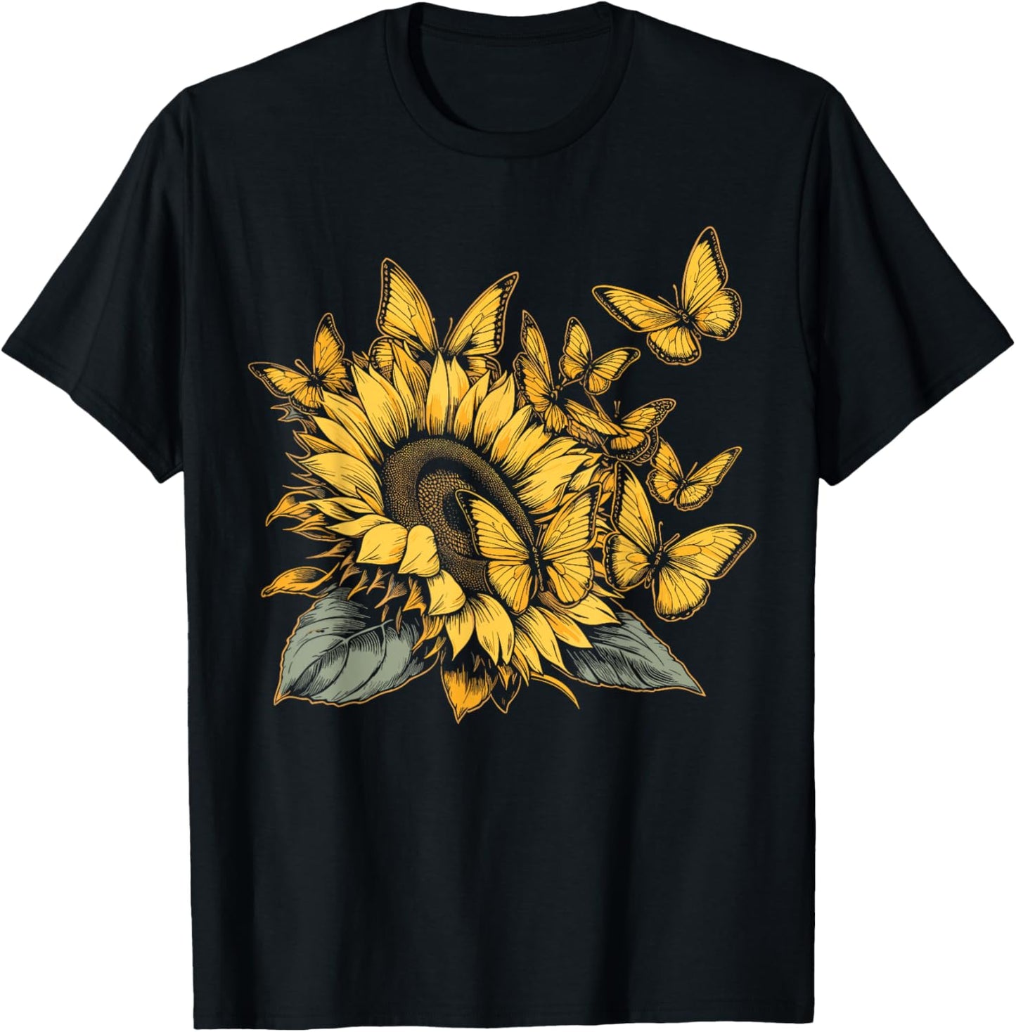 Cute Yellow Butterfly Sunflower Monarch Butterfly Nature T-Shirt - T-Shirt | Black