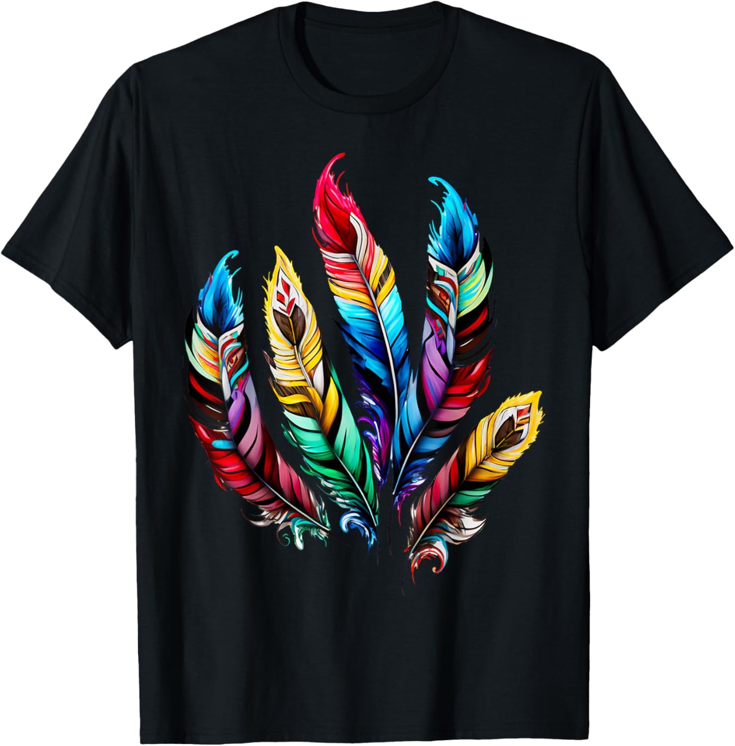 Colorful feathers boho ethnic style Indian bird pattern love T-Shirt - T-Shirt | Black