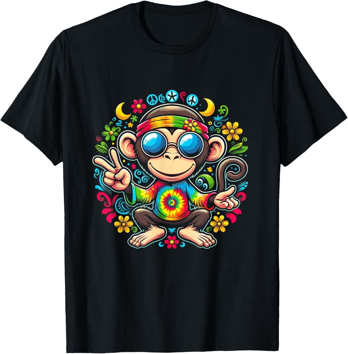Monkey Peace Sign Tie Dye For Boys And Girl Hippie Colorful T-Shirt - T-Shirt | Black