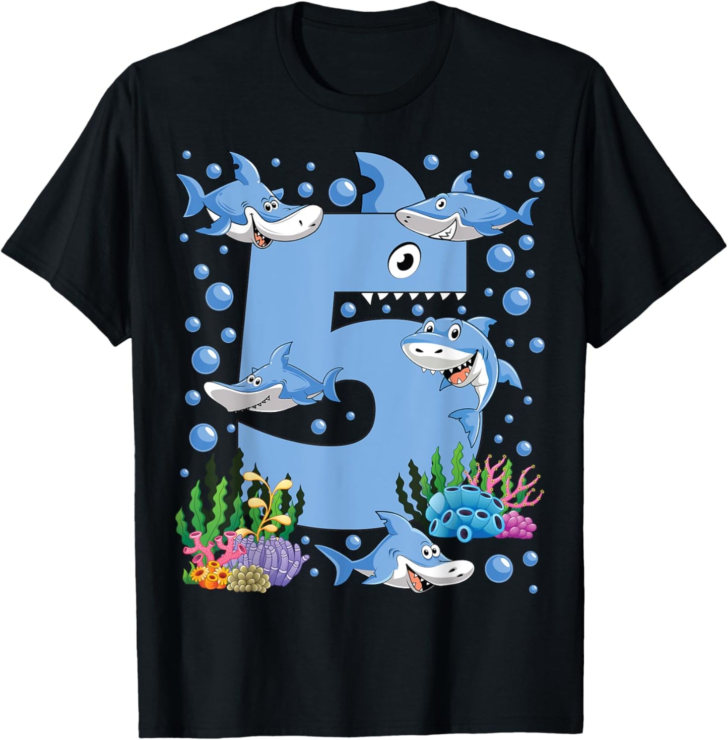Kids 5 Years Old Shark Ocean Theme 5th Birthday Boy Party T-Shirt - T-Shirt | Black