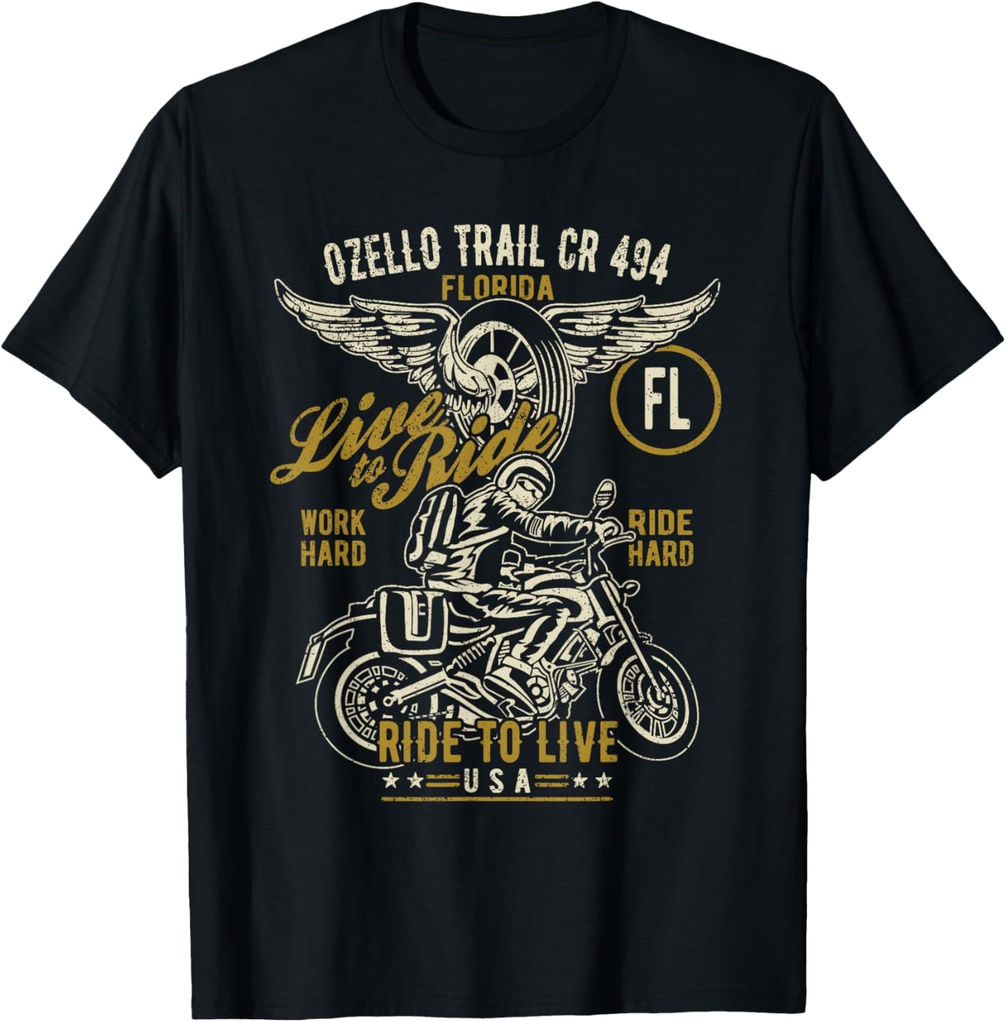 Ozello Trail CR 434 FL USA Motorcycle Distressed Design T-Shirt - T-Shirt | Black