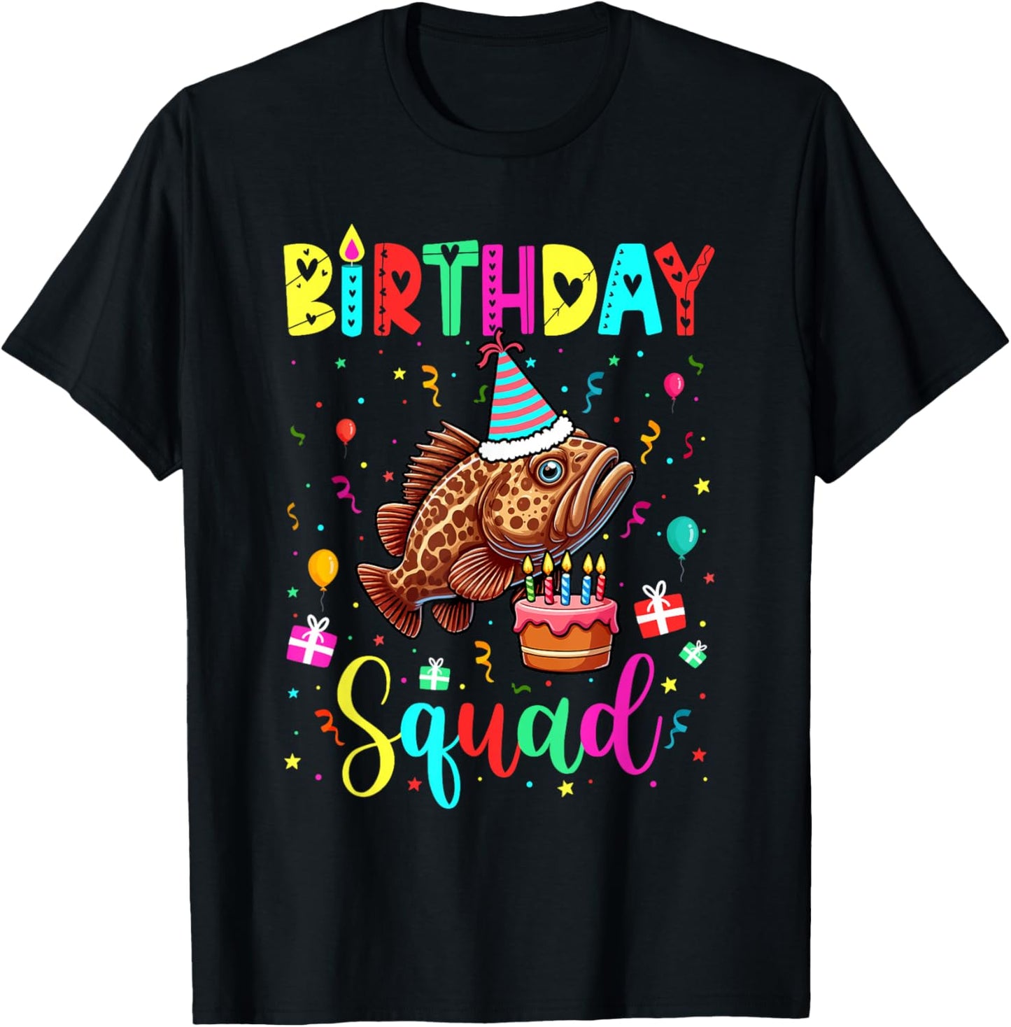 Birthday Squad Colorful Costume Grouper Fish Funny Parties T-Shirt - T-Shirt | Black