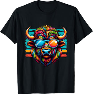 Colorful Art Bison Buffalo Wearing Sunglasses Cheerful Color T-Shirt - T-Shirt | Black