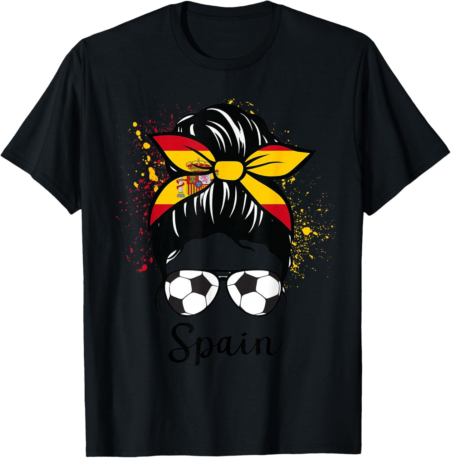 Spain Soccer Espana Flag Soccer Ball Messy Bun T-Shirt - T-Shirt | Black