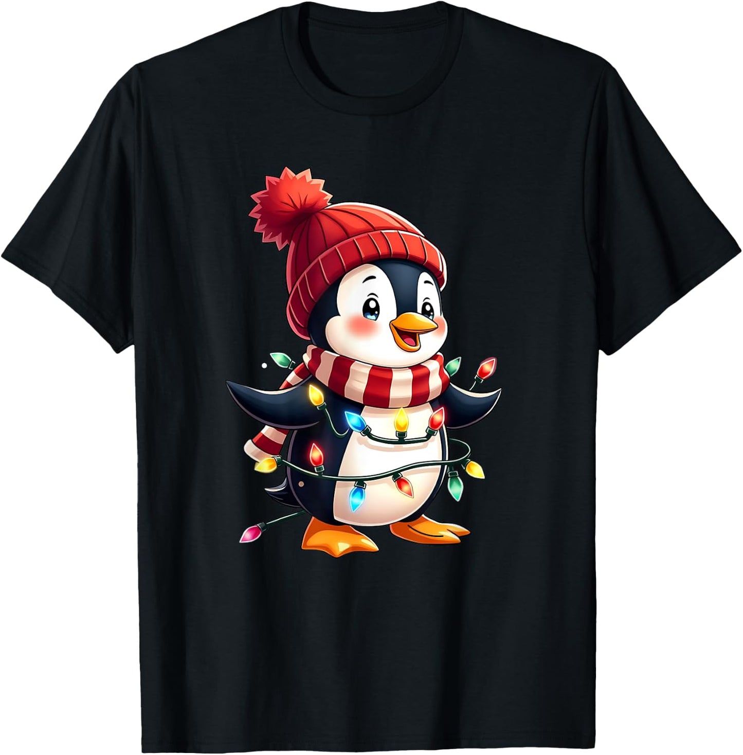 Cute Christmas Penguin Wrapped in Lights Holiday Design T-Shirt - T-Shirt | Black