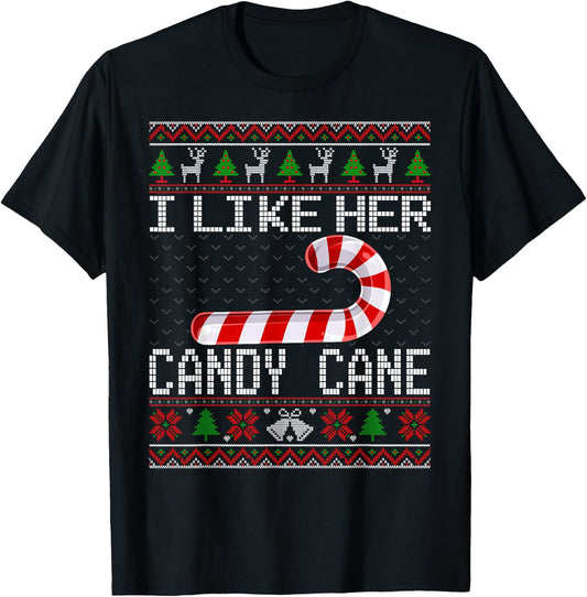 I Like His Candy Cane Girlfriend Ugly Christmas Sweater Xmas T-Shirt - T-Shirt | Black