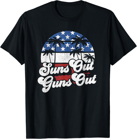 Funny Suns Out Guns Out 4th of July USA American Flag Beach T-Shirt - T-Shirt | Black