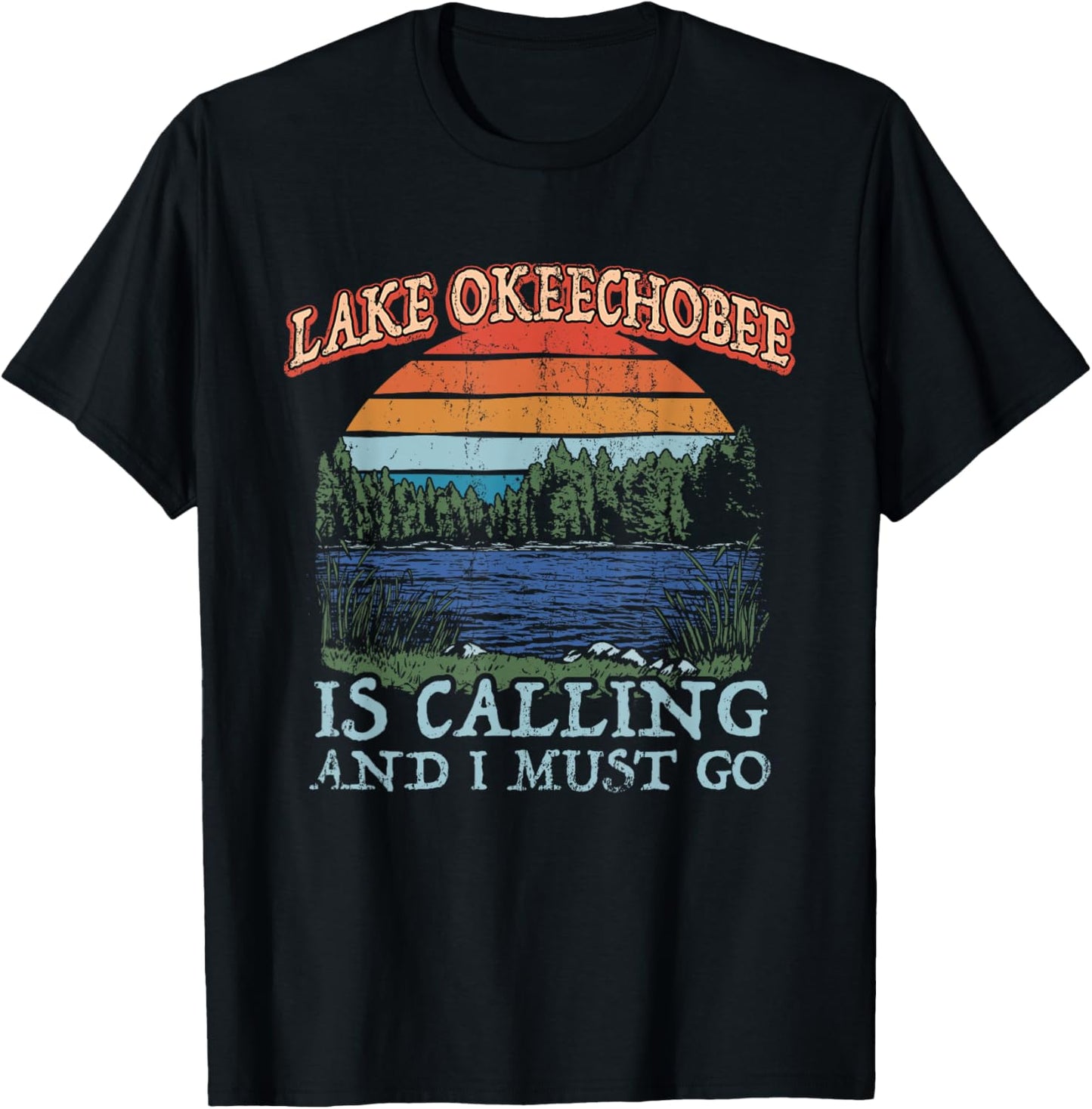 Fishing Boating Camping Retro Lake Vacation Lake Okeechobee T-Shirt - T-Shirt | Black