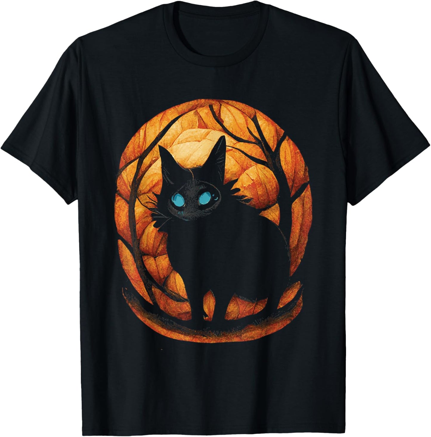 Creepy Black Cat in Magic Pumpkin Forest T-Shirt - T-Shirt | Black