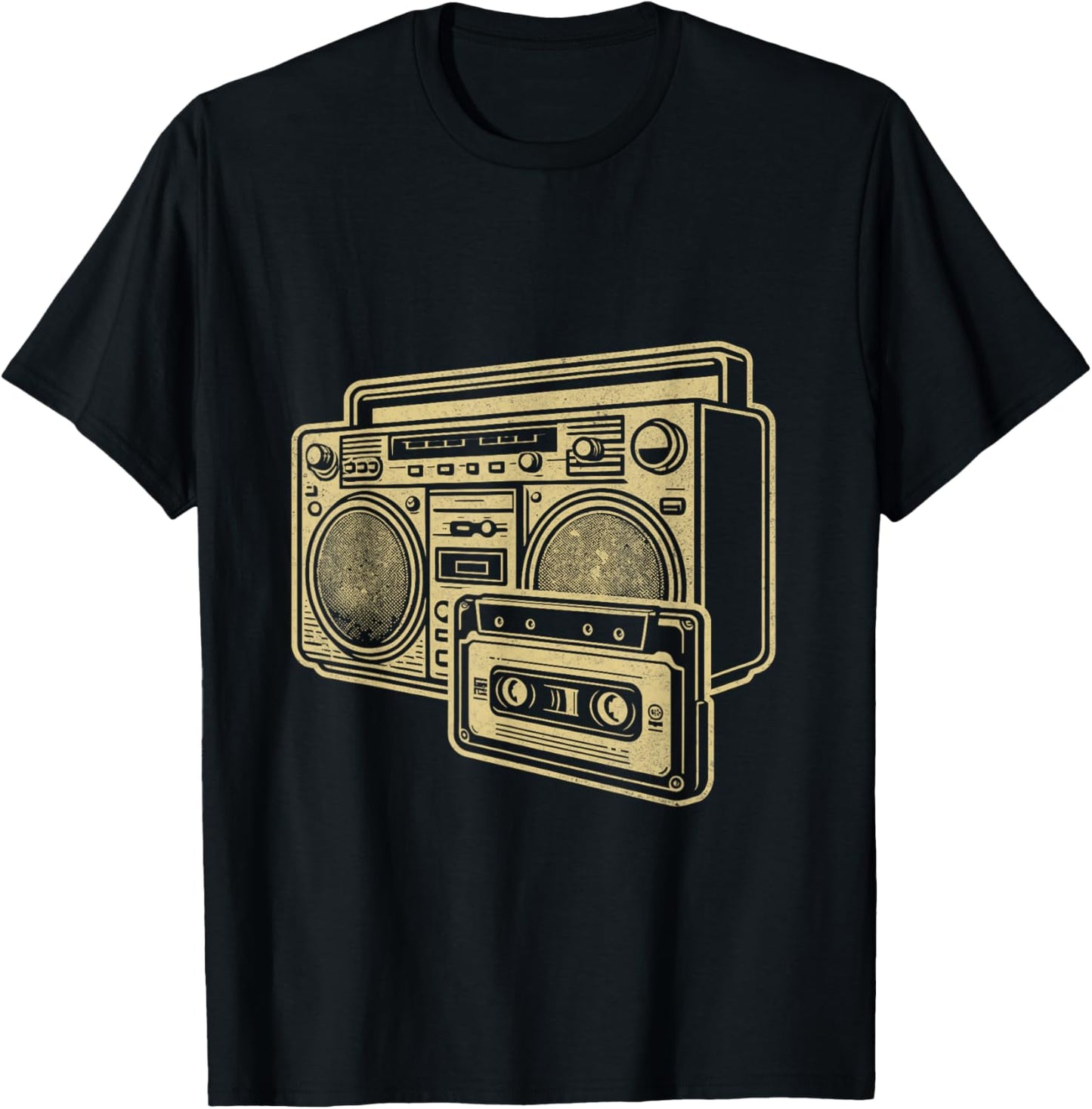 Vintage Boombox Gold Line Art Retro Music Lover T-Shirt - T-Shirt | Black