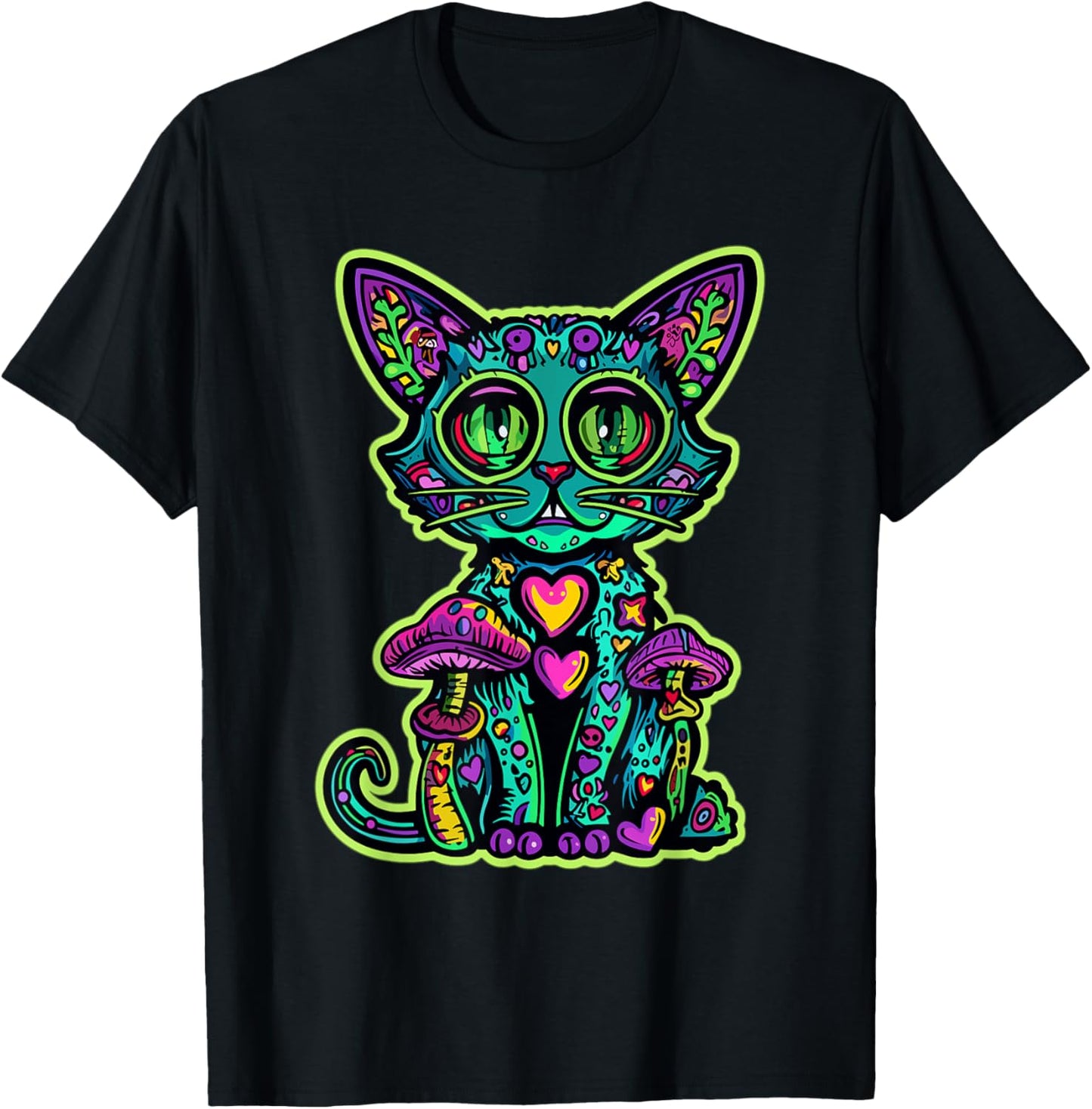 Psychedelic Cat Mushroom Art EDM Rave Men Women T-Shirt - T-Shirt | Black