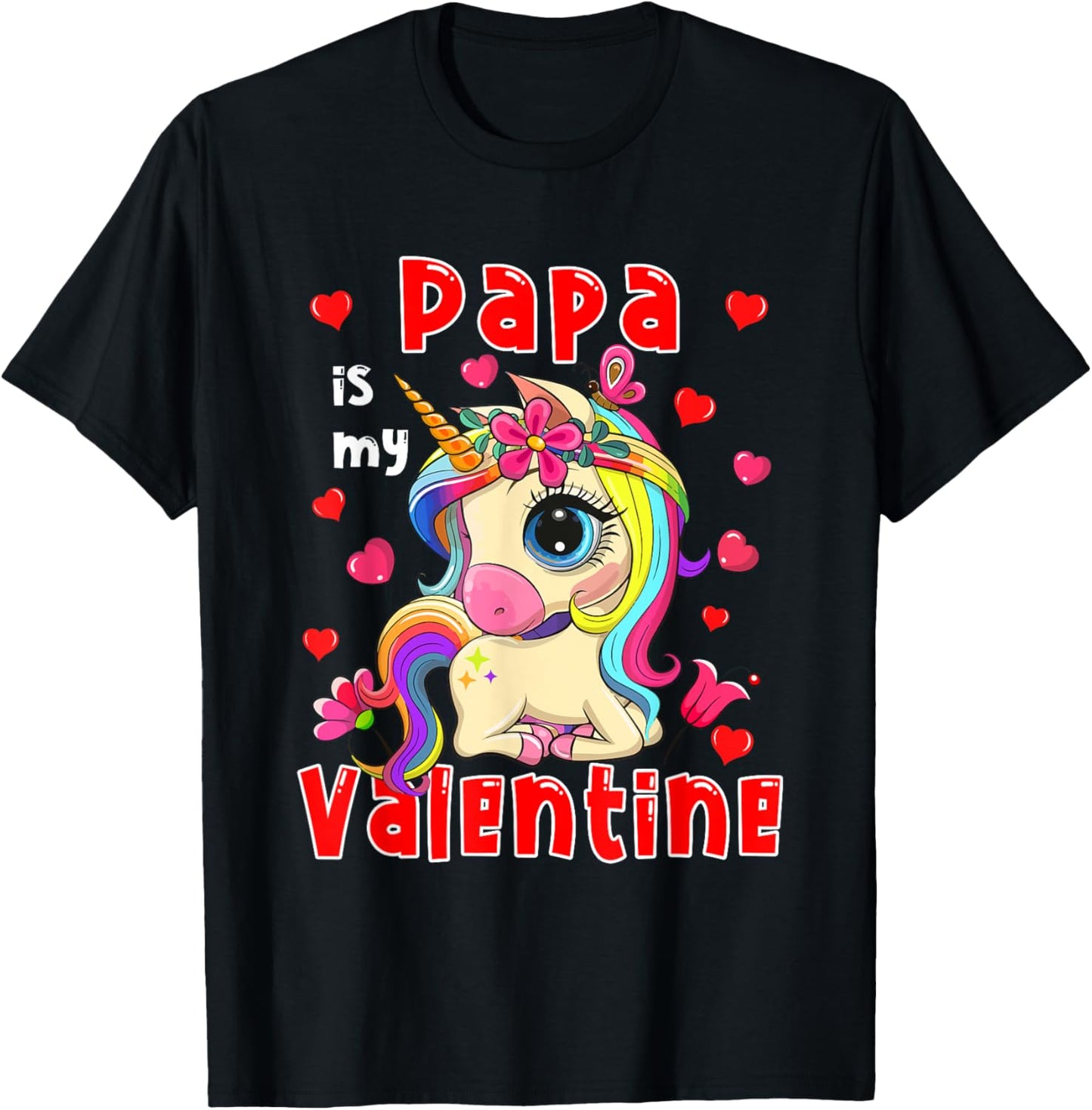 Papa Is My Valentine Cute Floral Unicorn Matching Family T-Shirt - T-Shirt | Black
