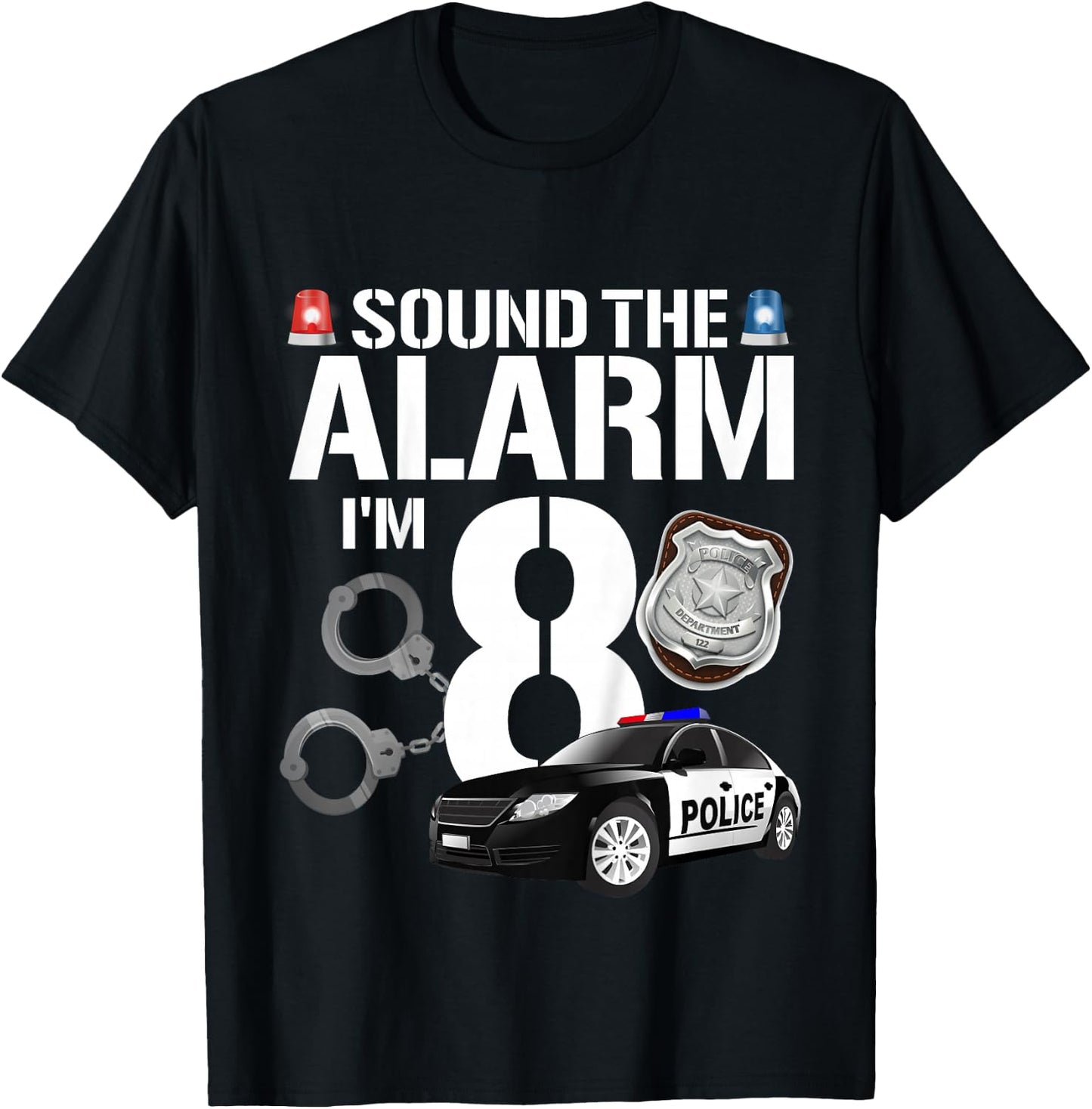 Kids 8 Year Old Police Birthday Officer Cop Car 8th Gift Boy T-Shirt - T-Shirt | Black