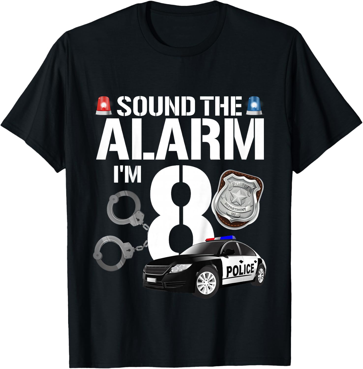 Kids 8 Year Old Police Birthday Officer Cop Car 8th Gift Boy T-Shirt - T-Shirt | Black