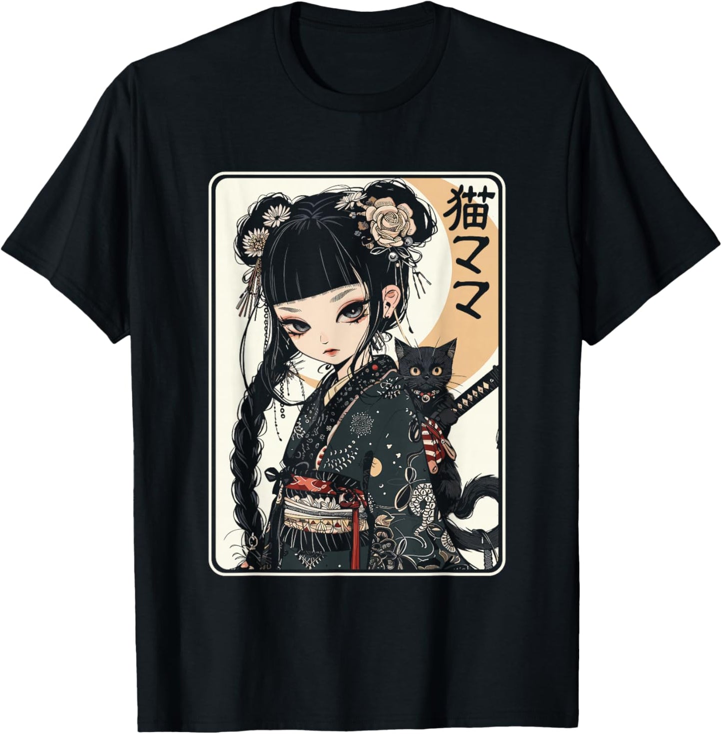 Japanese Gothic Kawaii Anime Samurai Cat Mom Woman Girls T-Shirt - T-Shirt | Black