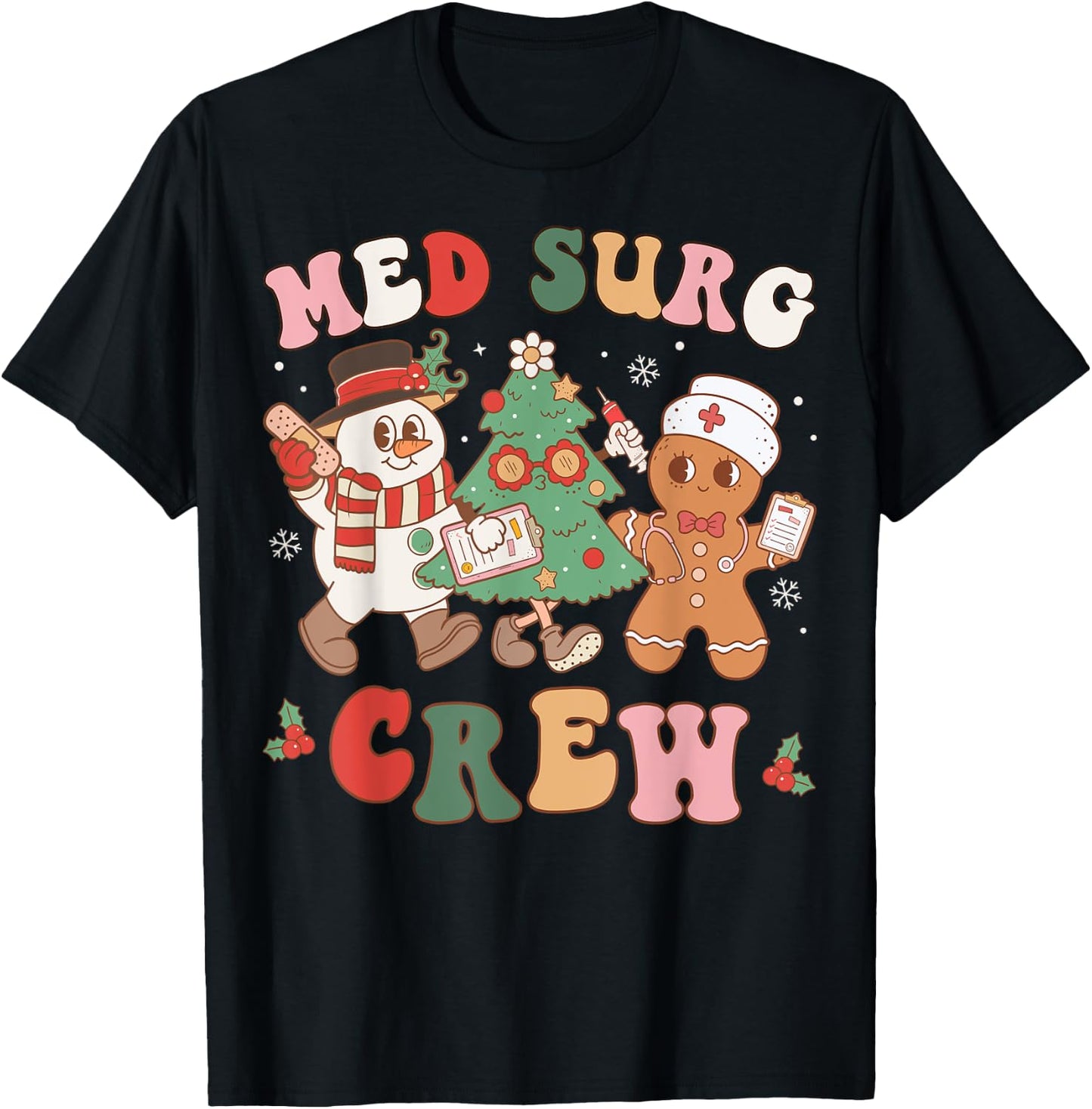 Med Surg Crew Christmas Tree Retro Nurse Nursing Group T-Shirt - T-Shirt | Black