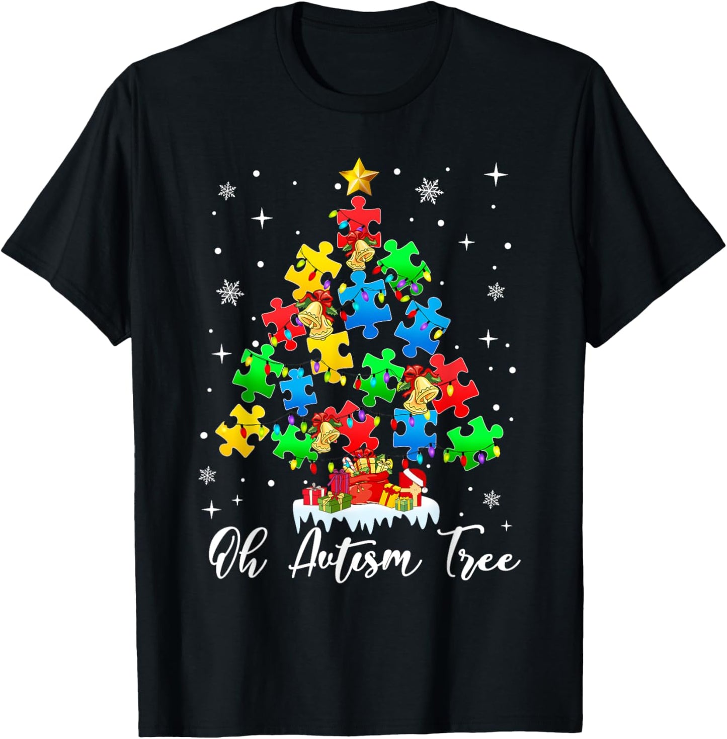 Autism Awareness Christmas Tree Holiday Gifts Black Short Sleeve Small T-Shirt - T-Shirt | Black