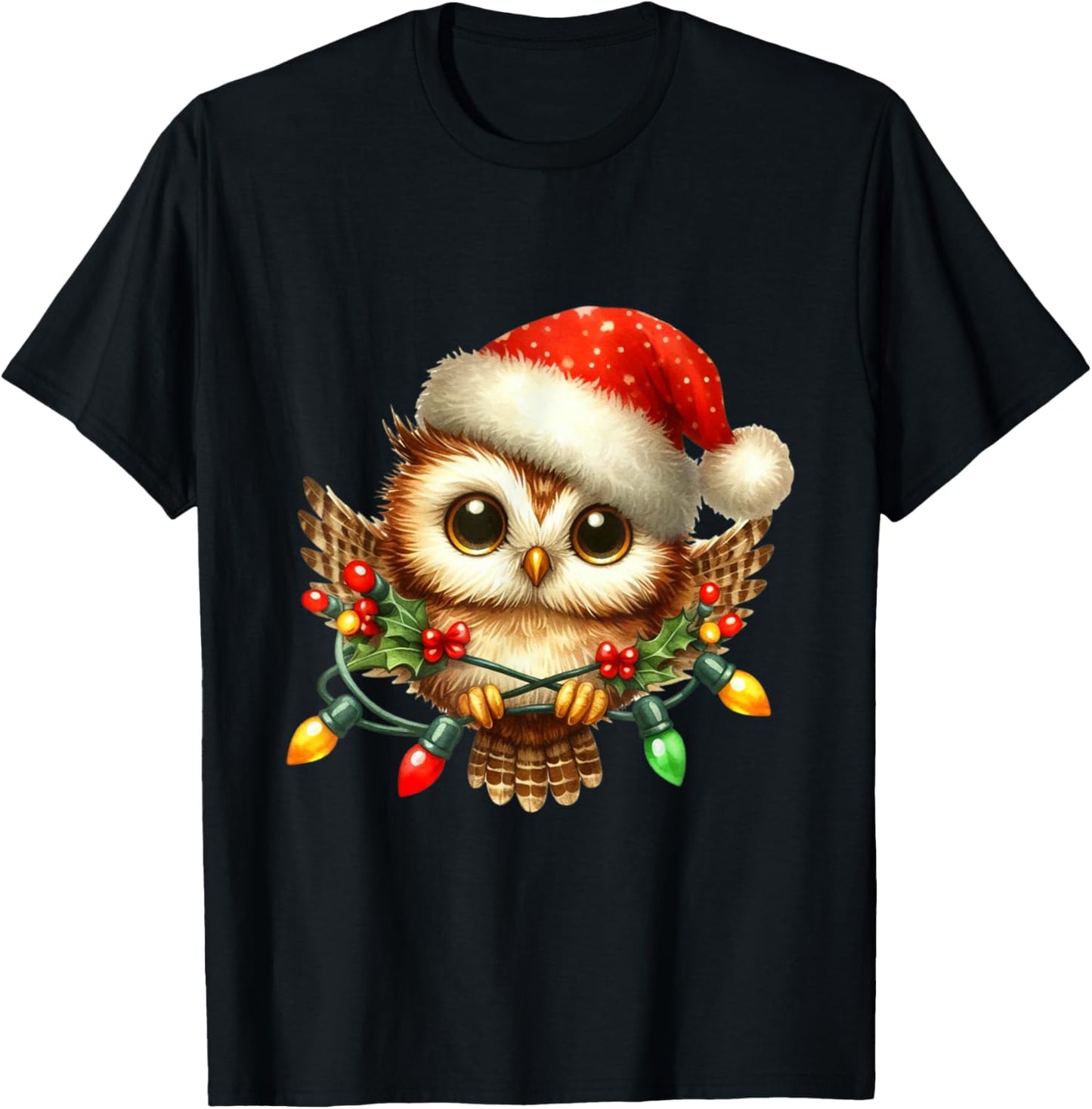 Owl Christmas Lights Santa Hat Xmas Owl Lover T-Shirt - T-Shirt | Black