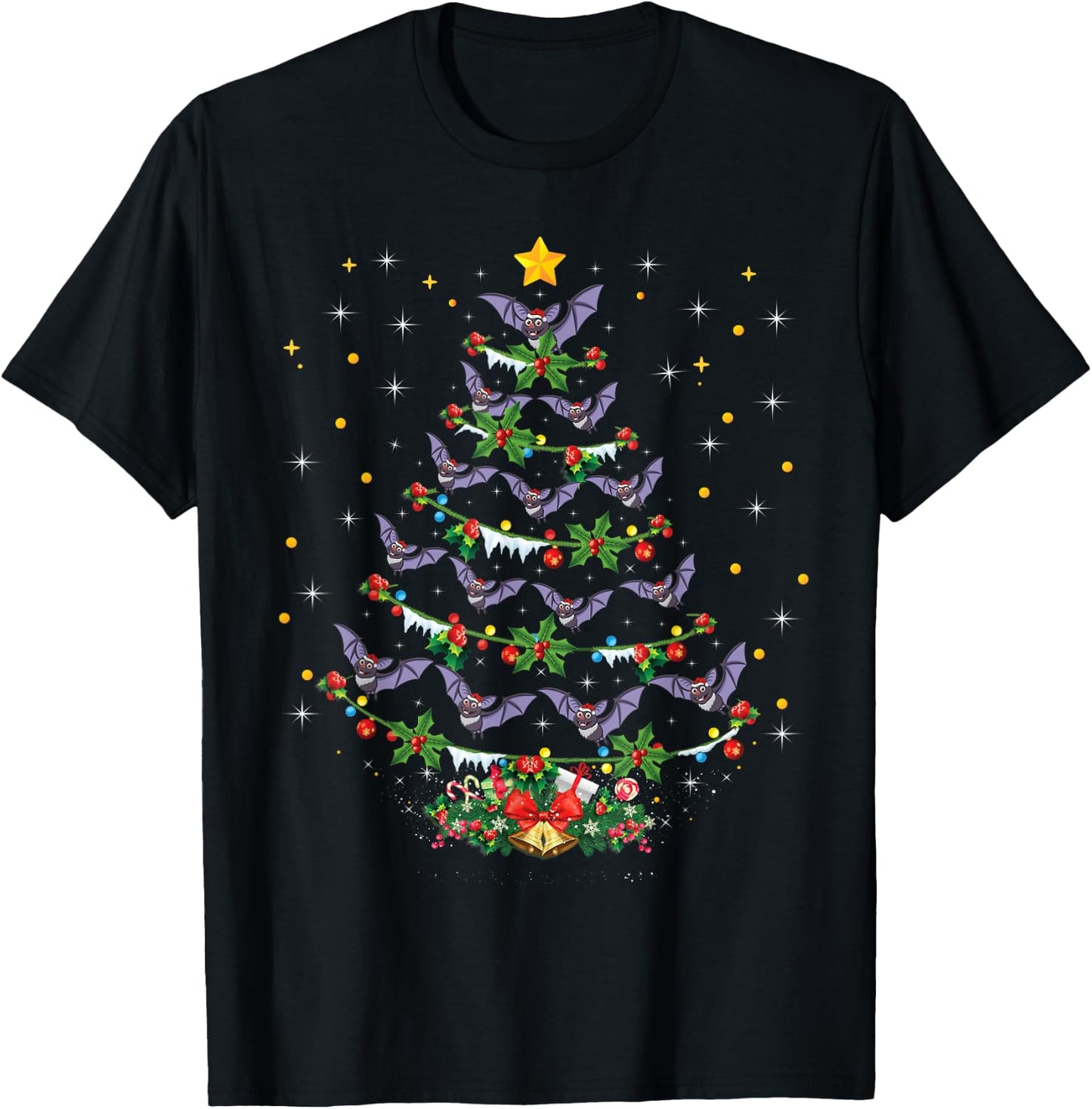 Funny Santa Bat Bird Xmas Gift Bat Christmas Tree T-Shirt - T-Shirt | Black