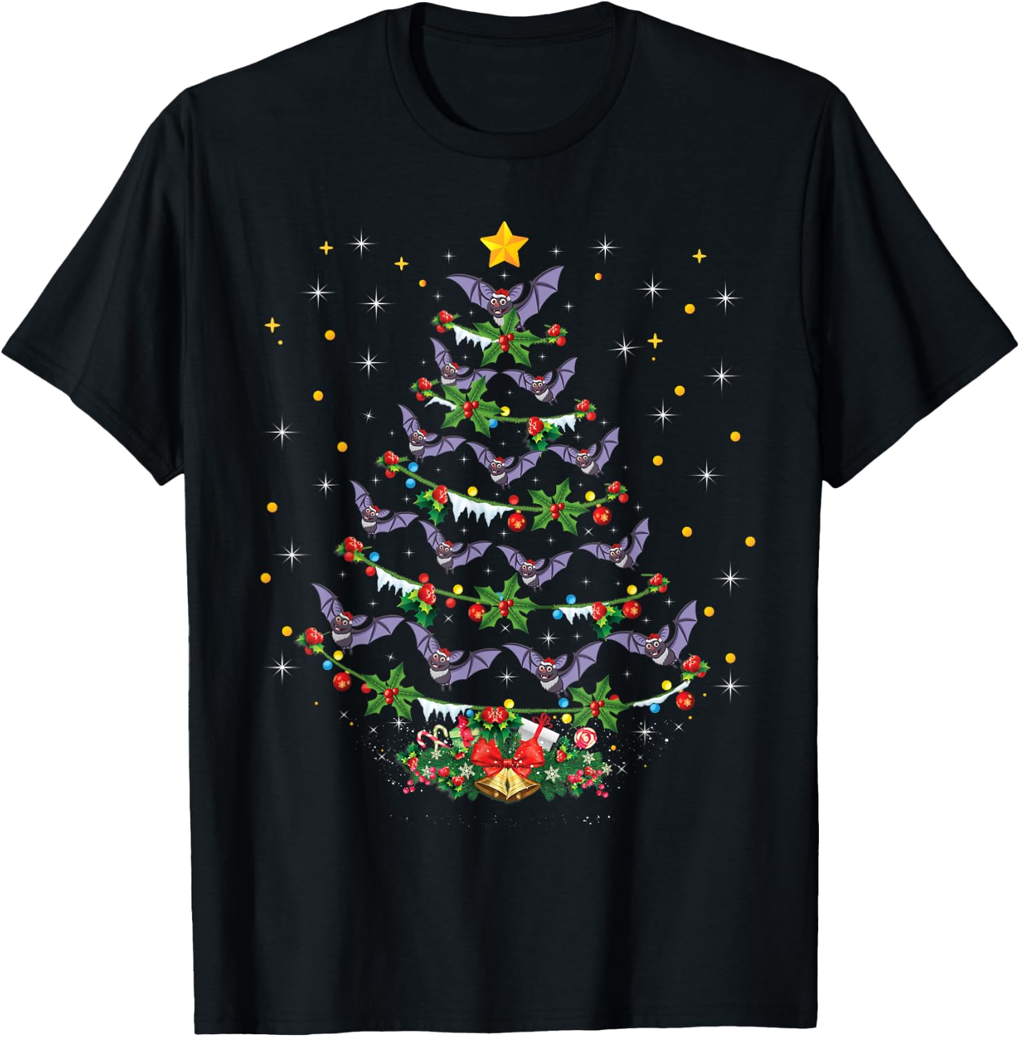 Funny Santa Bat Bird Xmas Gift Bat Christmas Tree T-Shirt - T-Shirt | Black