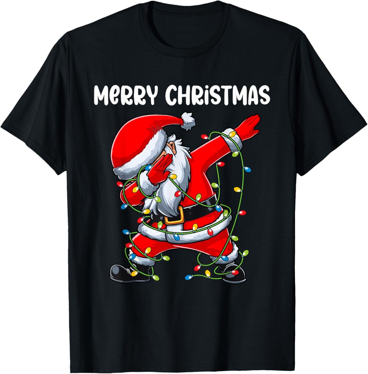 Santa Merry Christmas Lights Boys Girls Kids Dab Xmas T-Shirt - T-Shirt | Black