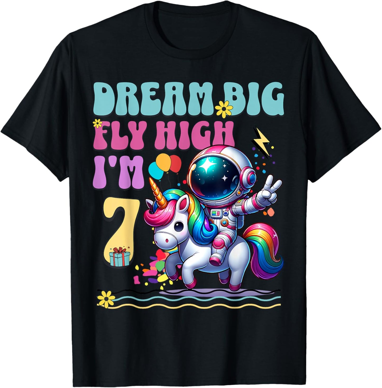 Astronaut Unicorn 7th Birthday 7 Years Space Galaxy T-Shirt - T-Shirt | Black