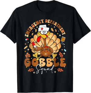 Emergency Department Gobble Squad Thanksgiving Nurse Turkey T-Shirt - T-Shirt | Black