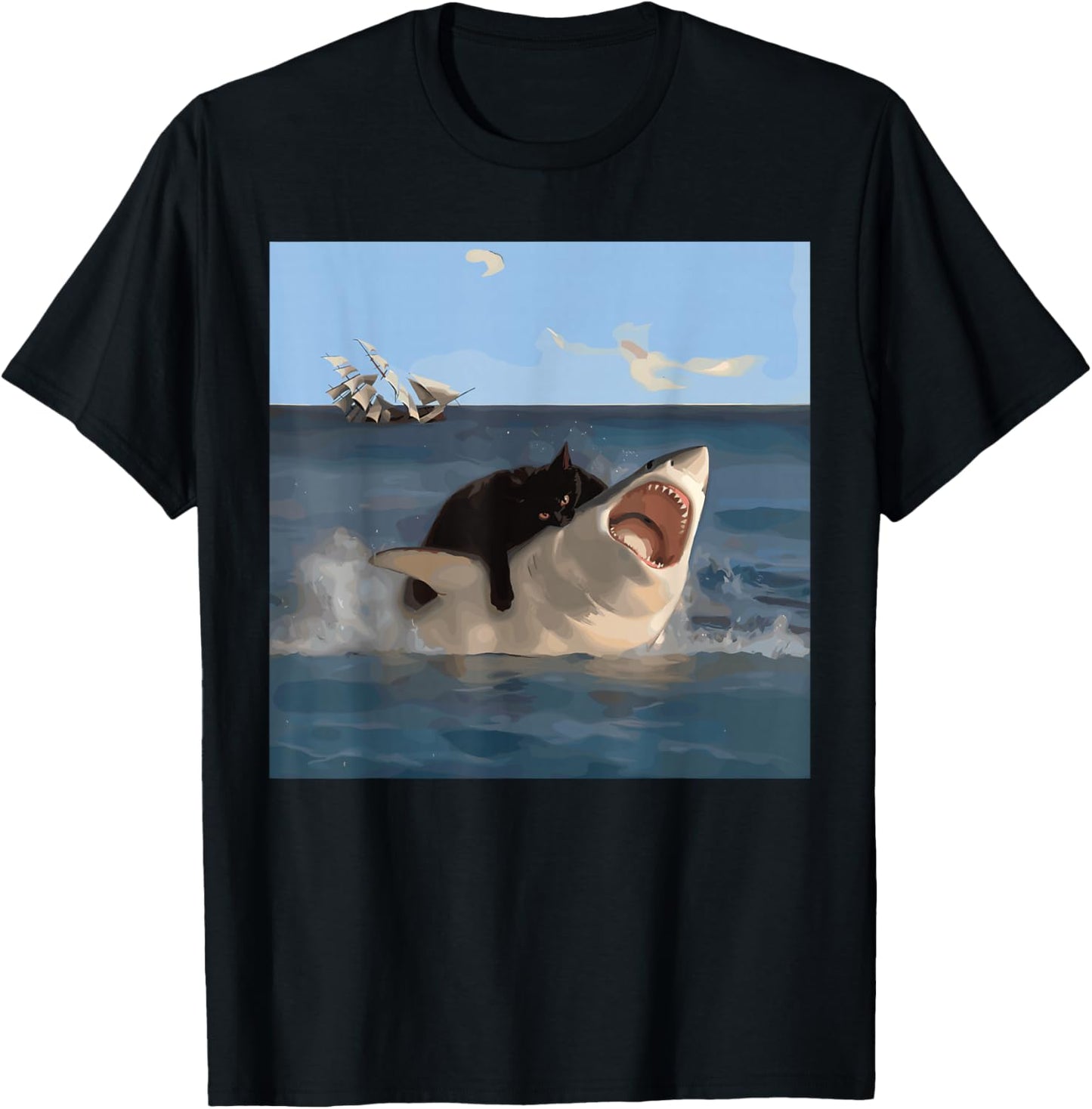 Funny Shark Biting Cat and Shark , Black, S T-Shirt - T-Shirt | Black